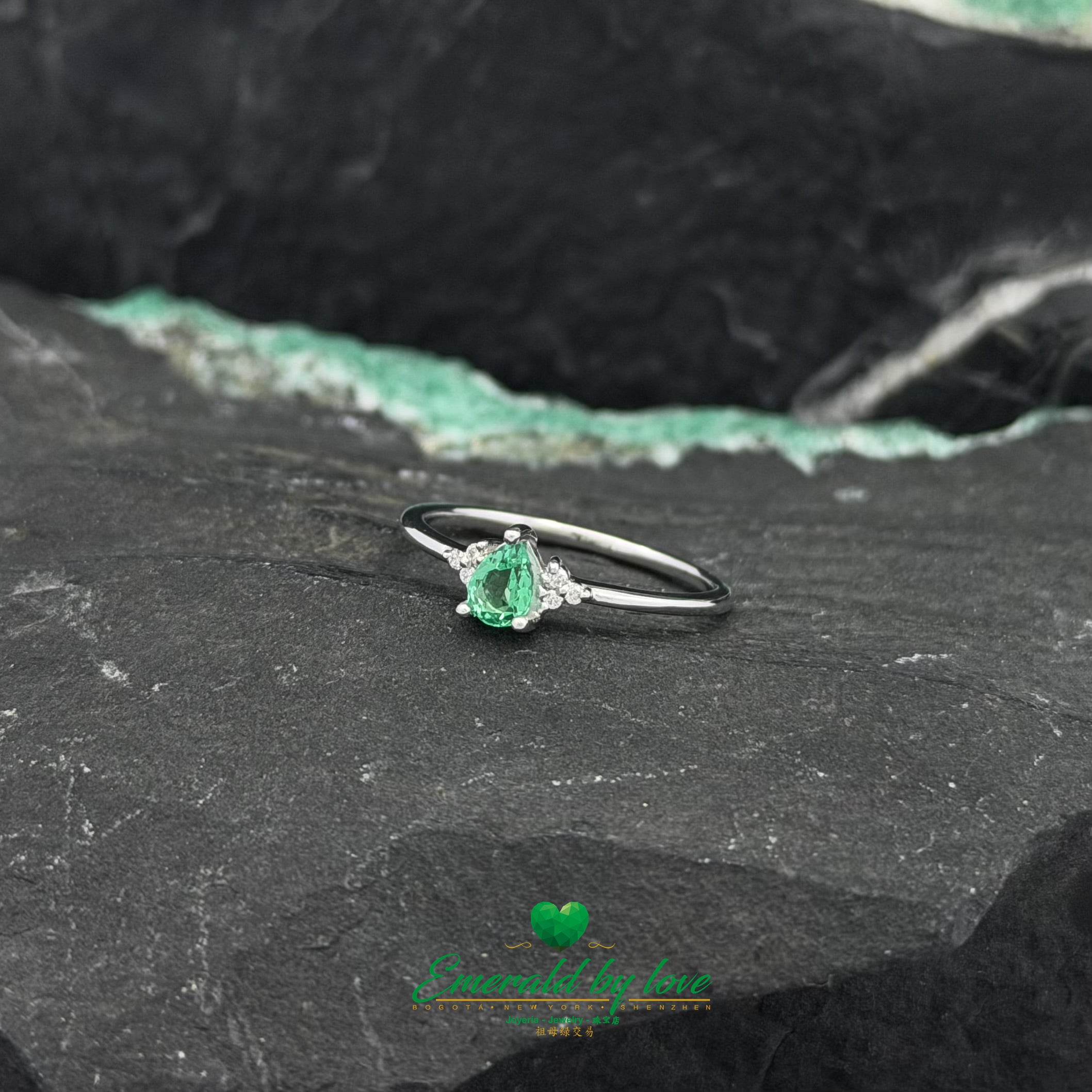 White Gold Pear Emerald Ring with Diamond Accents