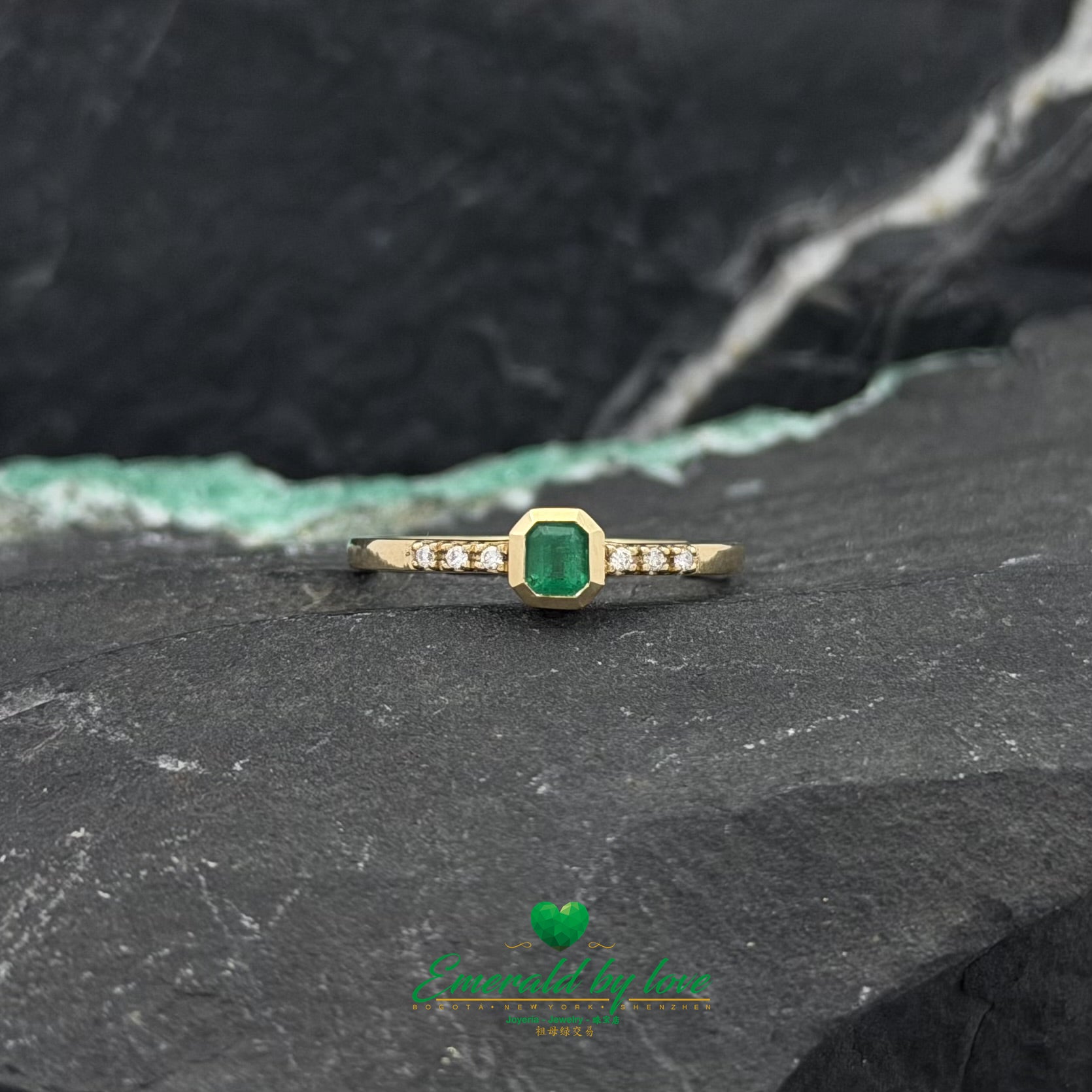 Delicate Bezel-Set Square Emerald Ring with Side Diamonds