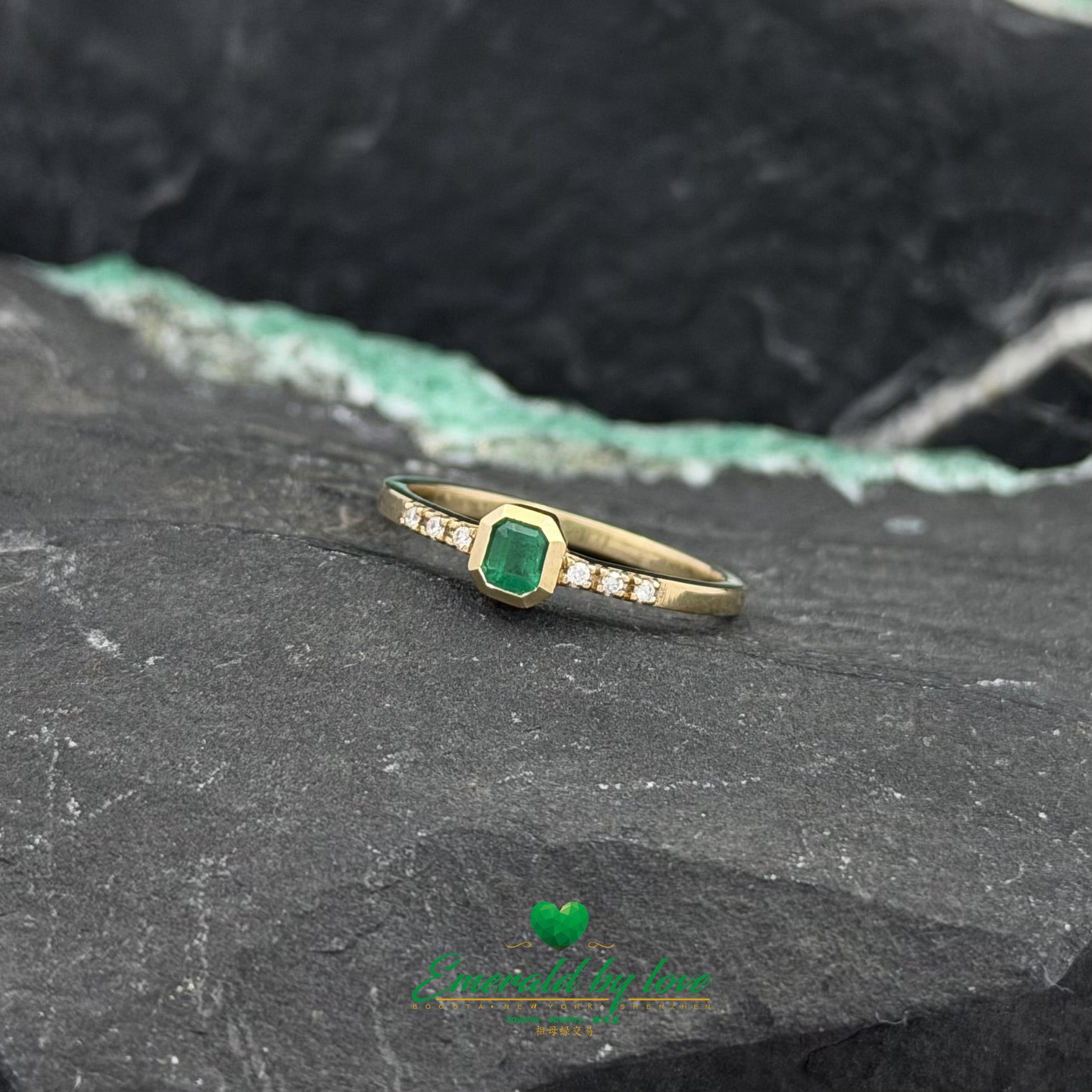 Delicate Bezel-Set Square Emerald Ring with Side Diamonds