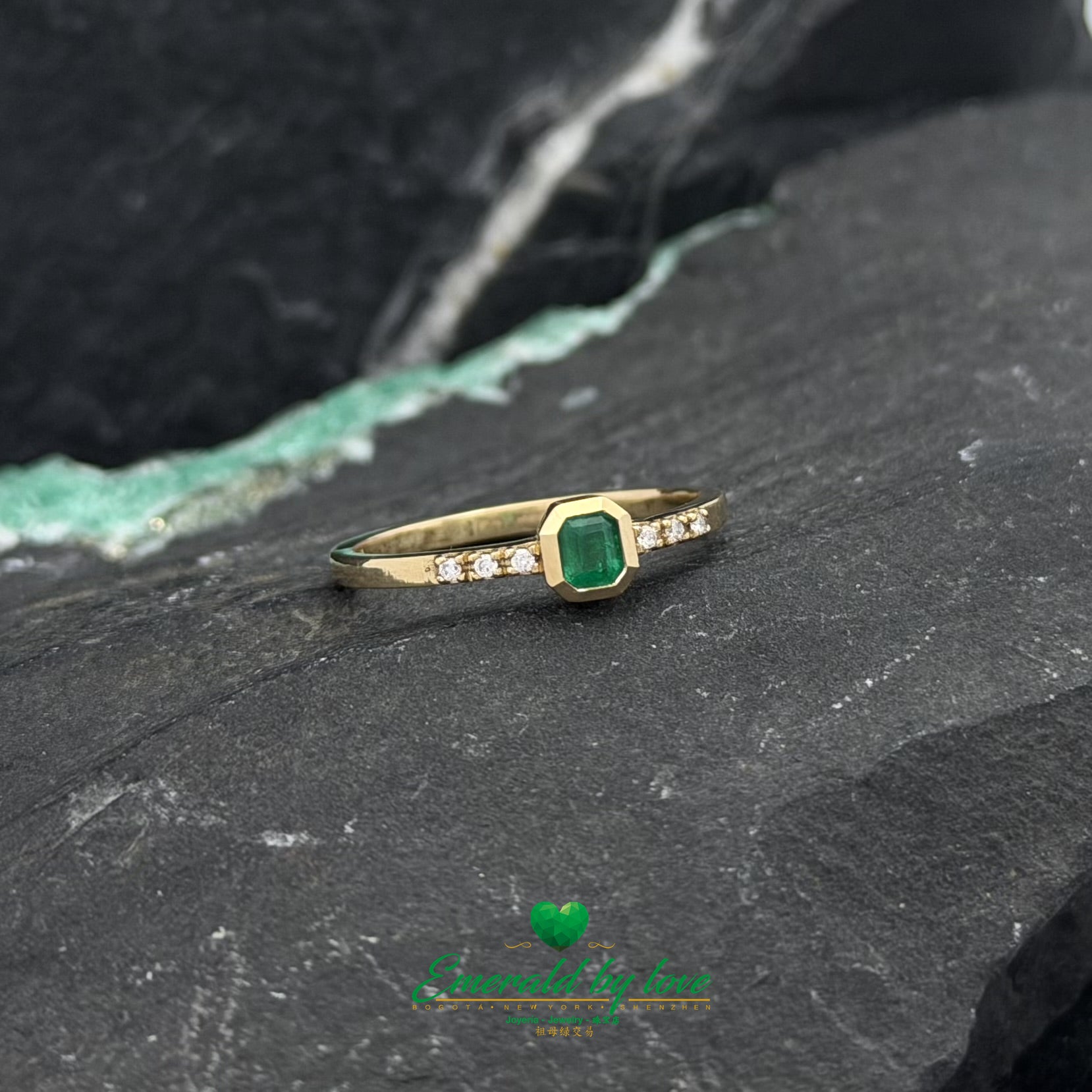 Delicate Bezel-Set Square Emerald Ring with Side Diamonds