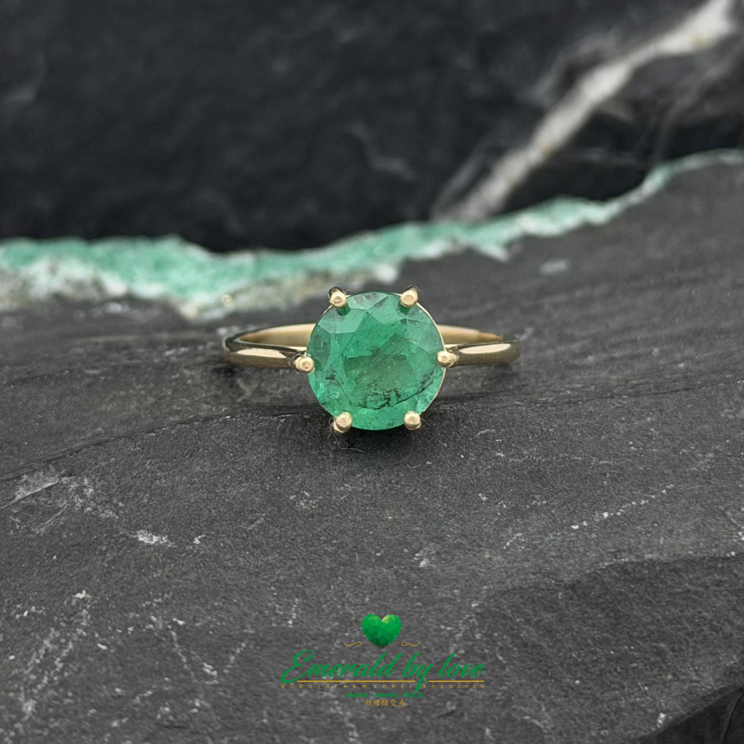 Classic Solitaire Ring with Round Emerald in Six-Prong Setting