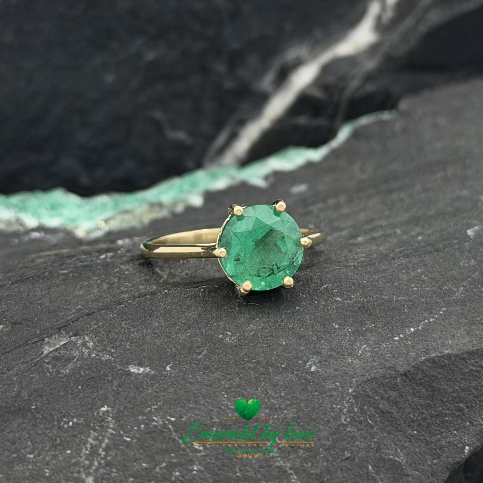 Classic Solitaire Ring with Round Emerald in Six-Prong Setting