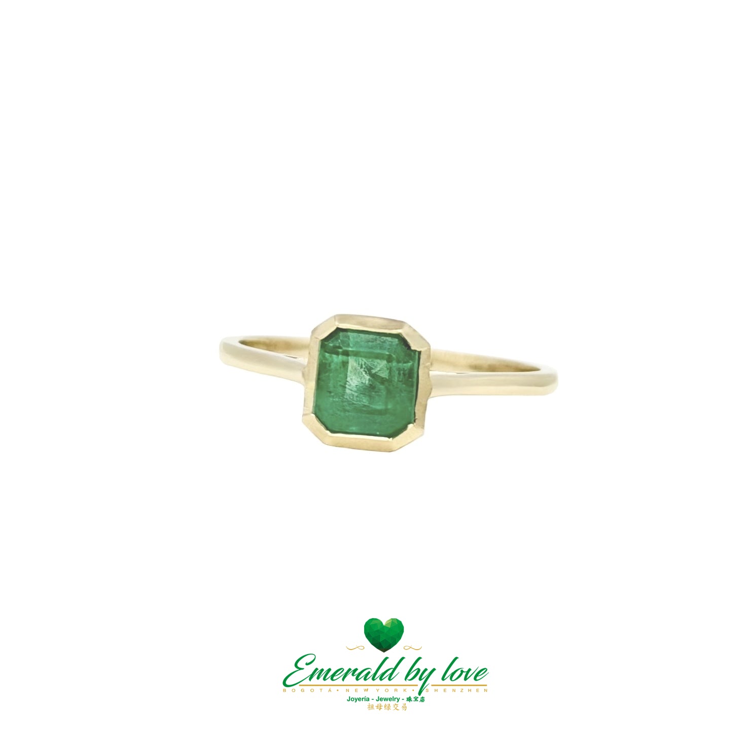 Emerald Engagement Ring with Half Bezel Setting and Diamond Band