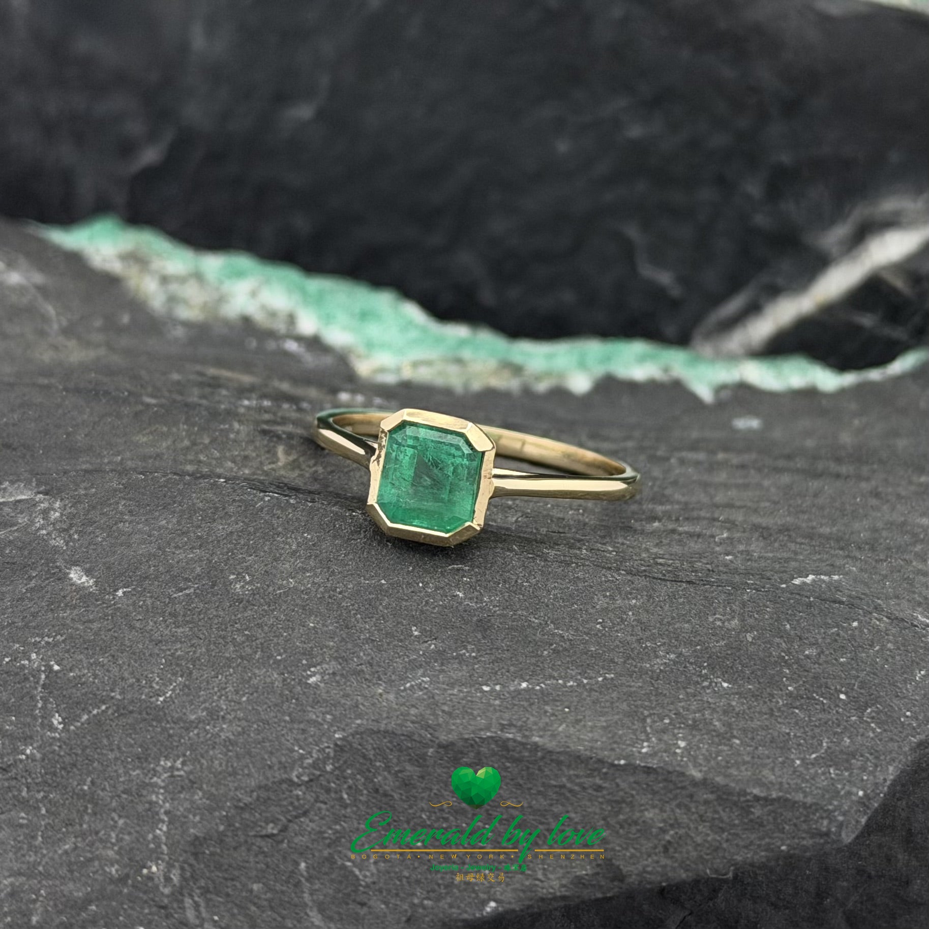 Emerald Engagement Ring with Half Bezel Setting and Diamond Band