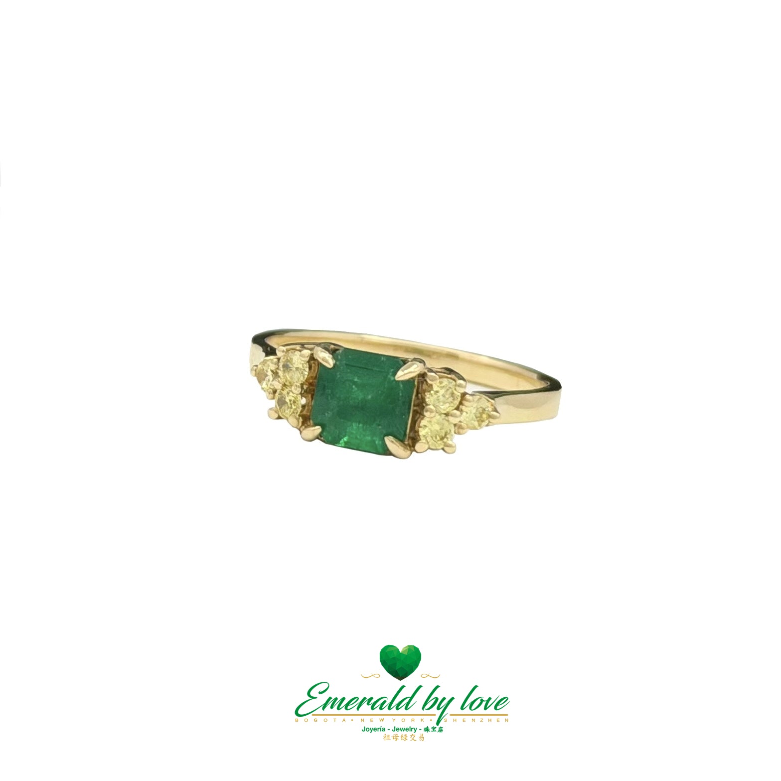 Square Emerald Engagement Ring in 18K Gold with Yellow Side Diamonds