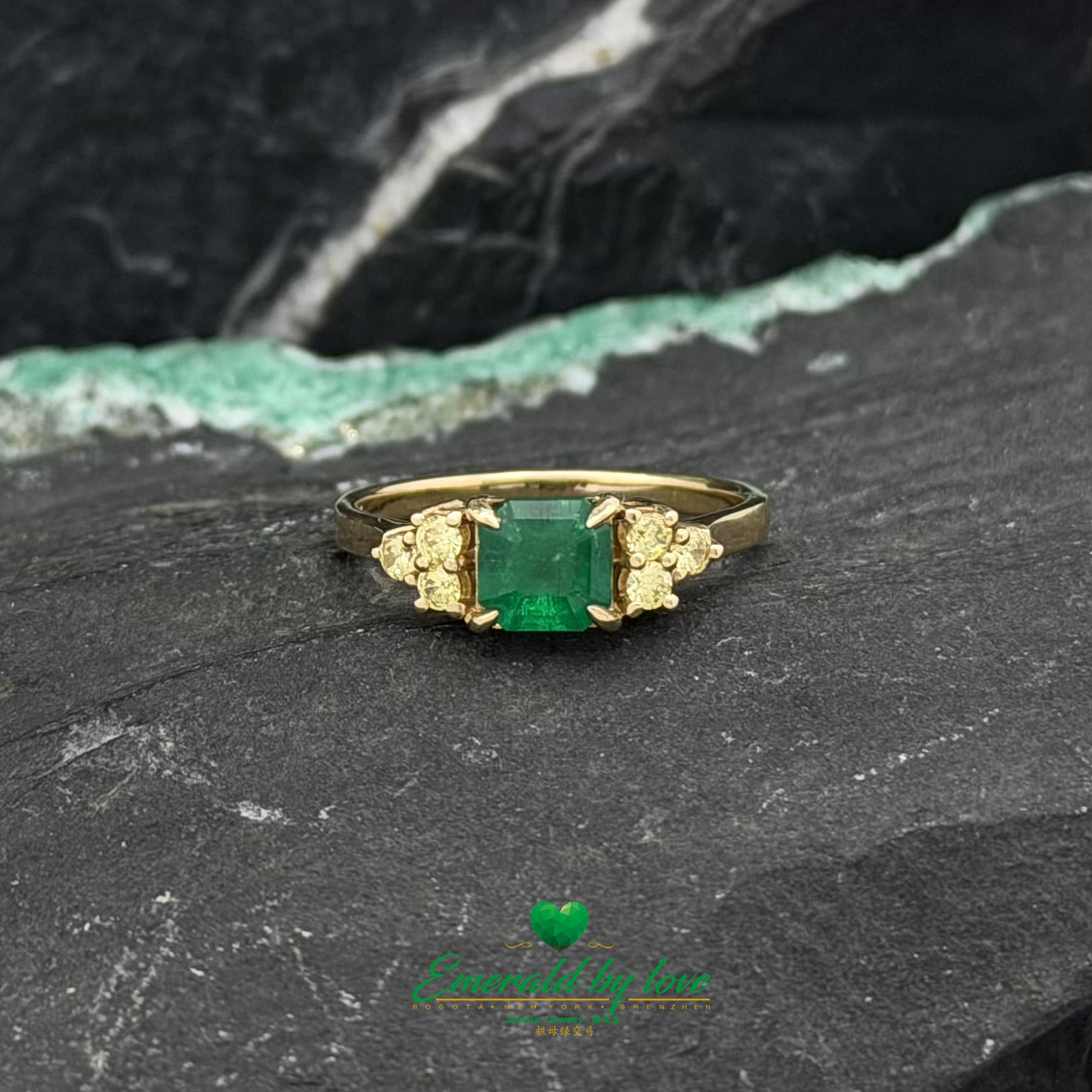 Square Emerald Engagement Ring in 18K Gold with Yellow Side Diamonds