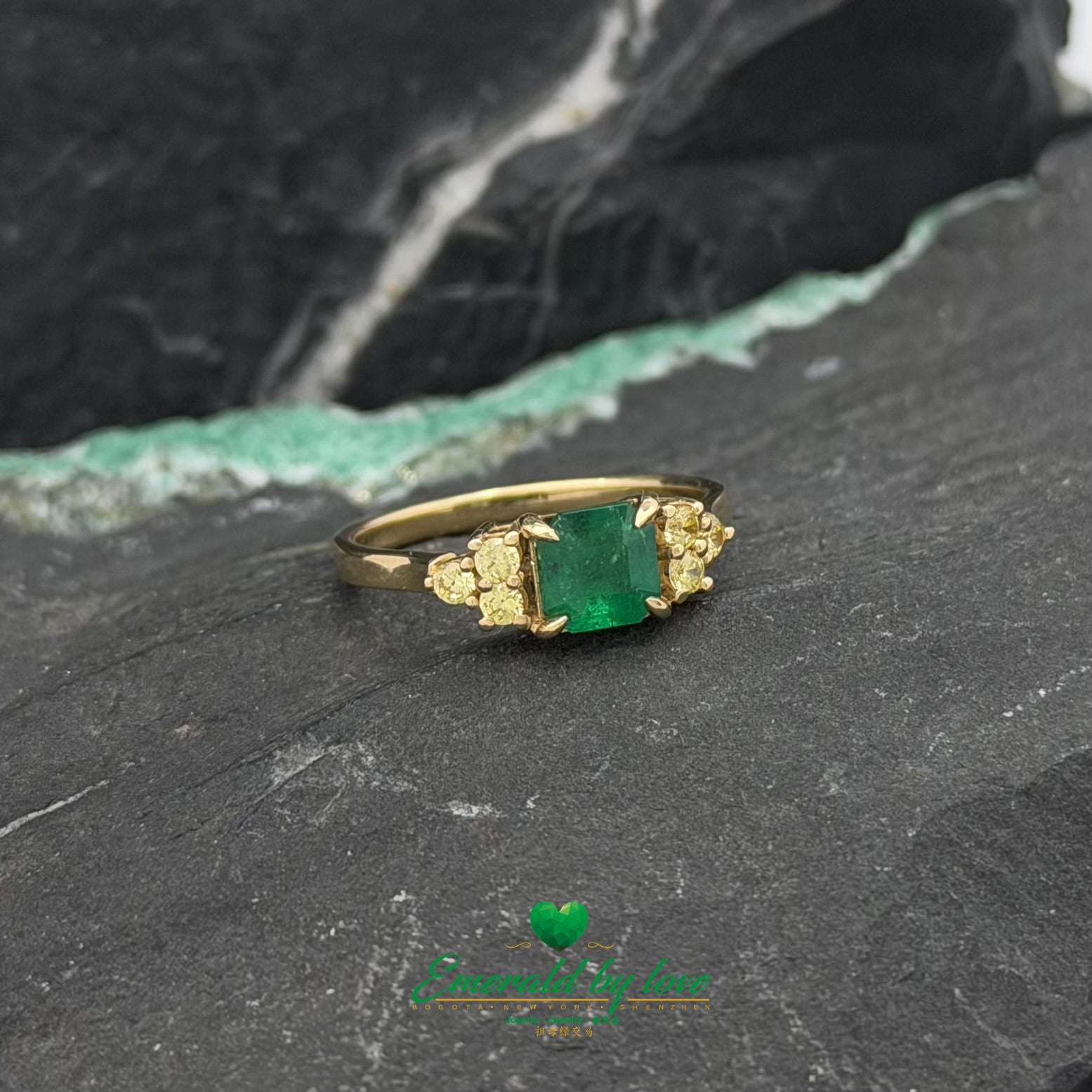 Square Emerald Engagement Ring in 18K Gold with Yellow Side Diamonds