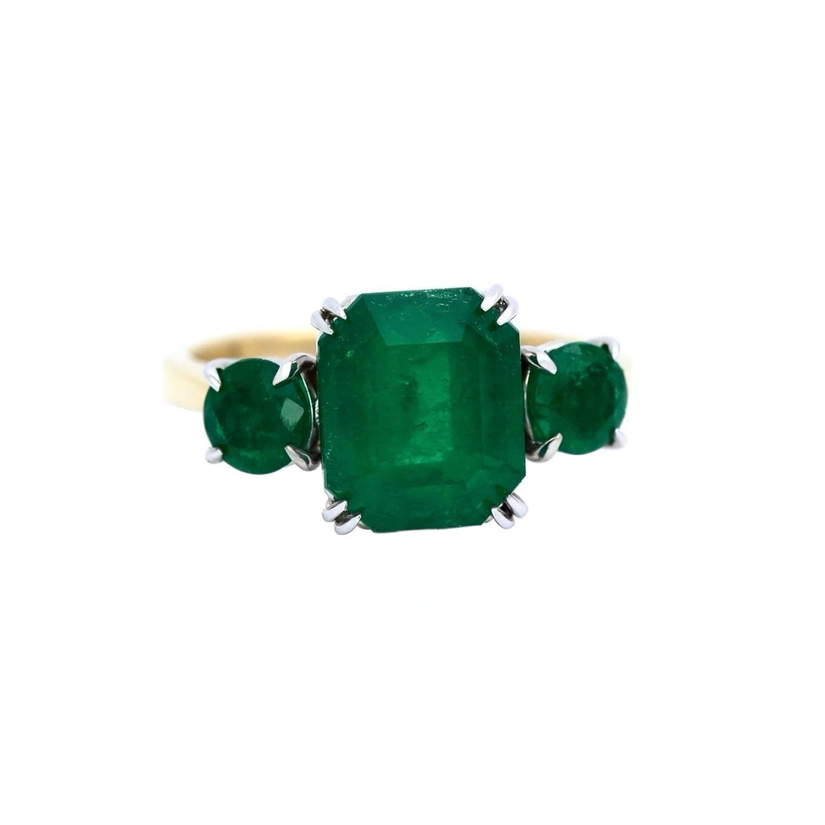 Yellow Gold Ring with Emerald Cut Colombian Emerald and Round Emerald Accents