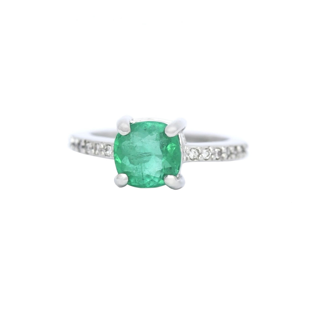 White Gold Ring with Cushion Colombian Emerald and Diamond Band