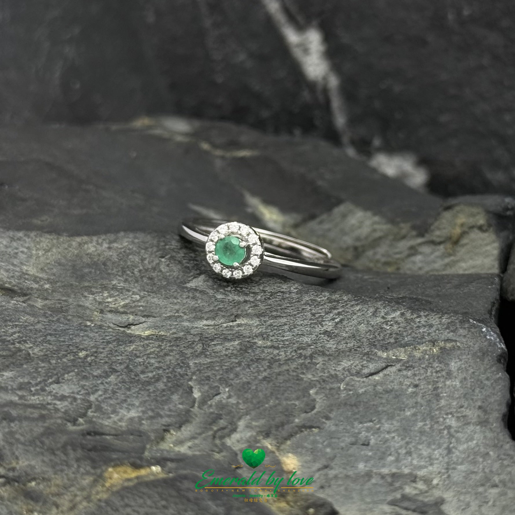 Delicate Ring with Small Round Marquise-Style Emerald Surrounded by White Zircons