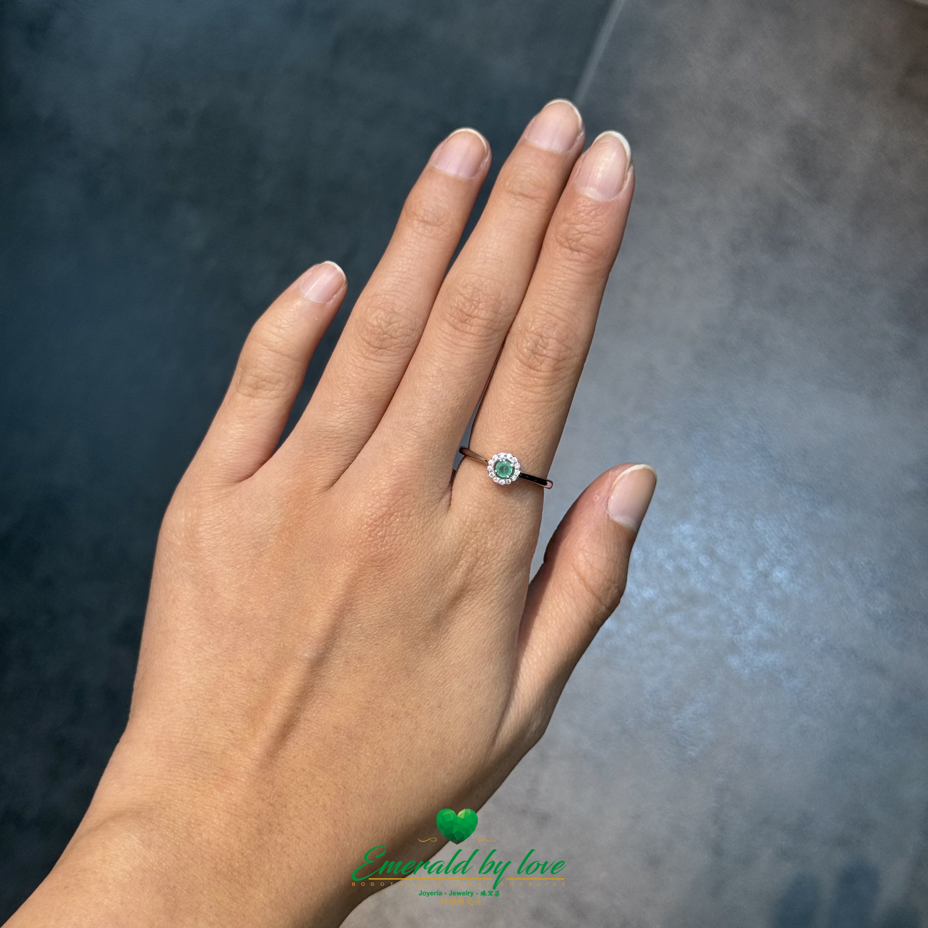 Delicate Ring with Small Round Marquise-Style Emerald Surrounded by White Zircons