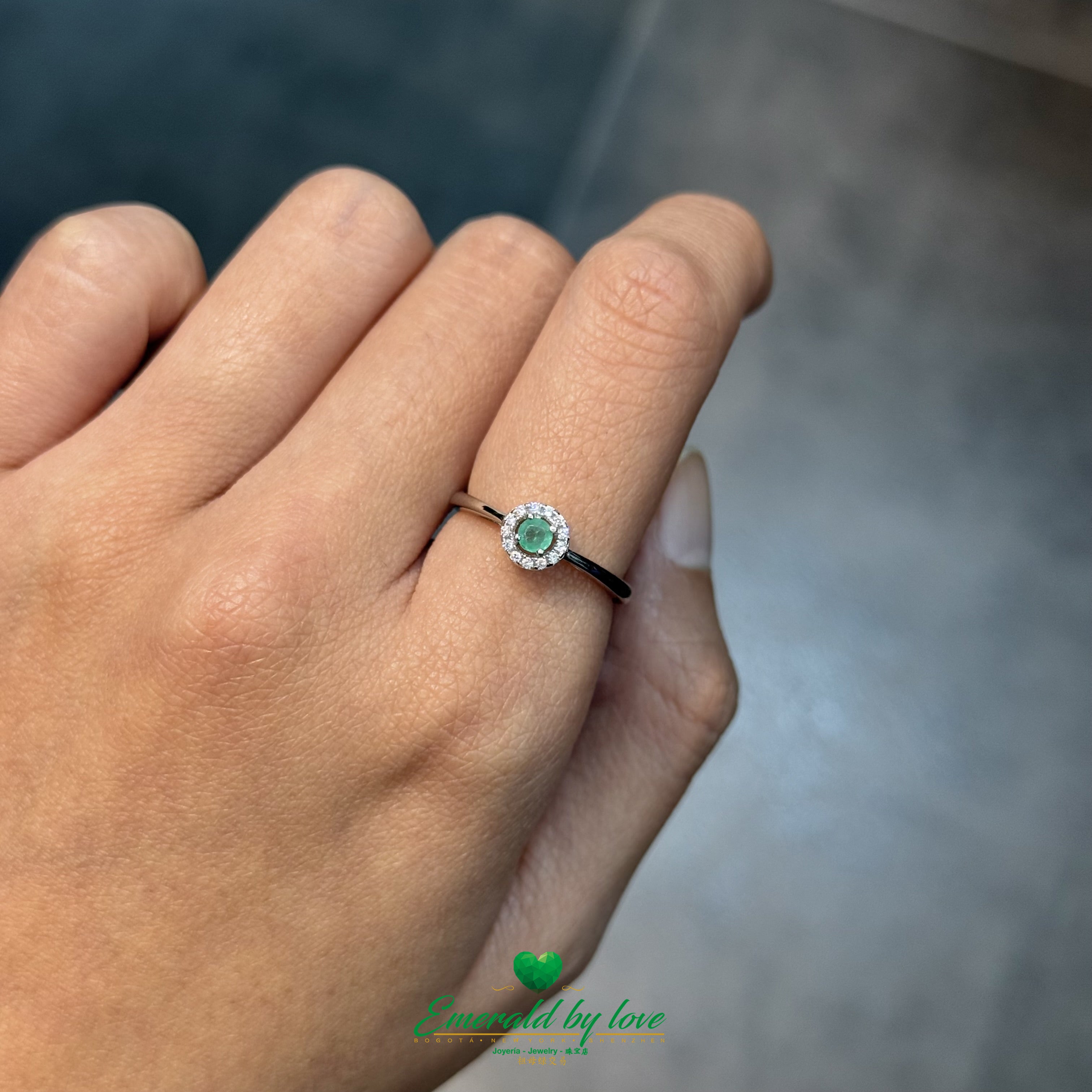 Delicate Ring with Small Round Marquise-Style Emerald Surrounded by White Zircons