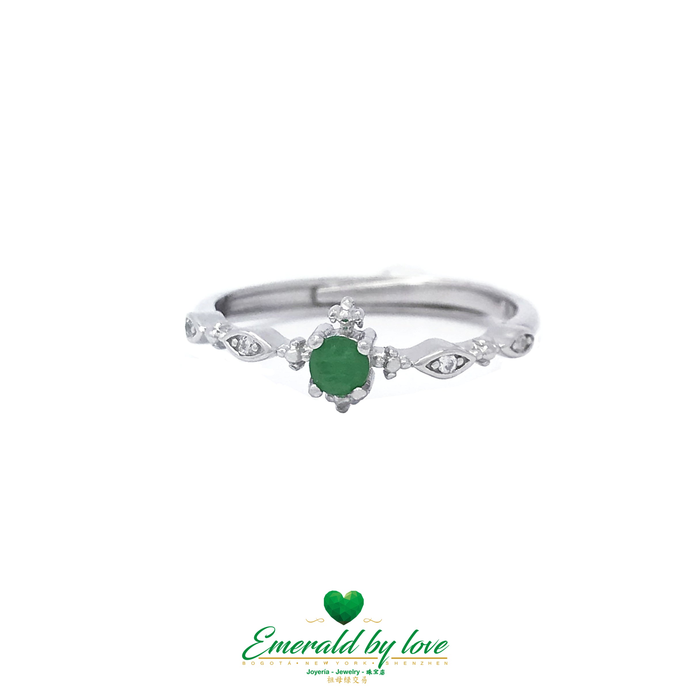 Slim Band Ring with CZ Embellishments and Round Central Emerald: Delicate Glamour