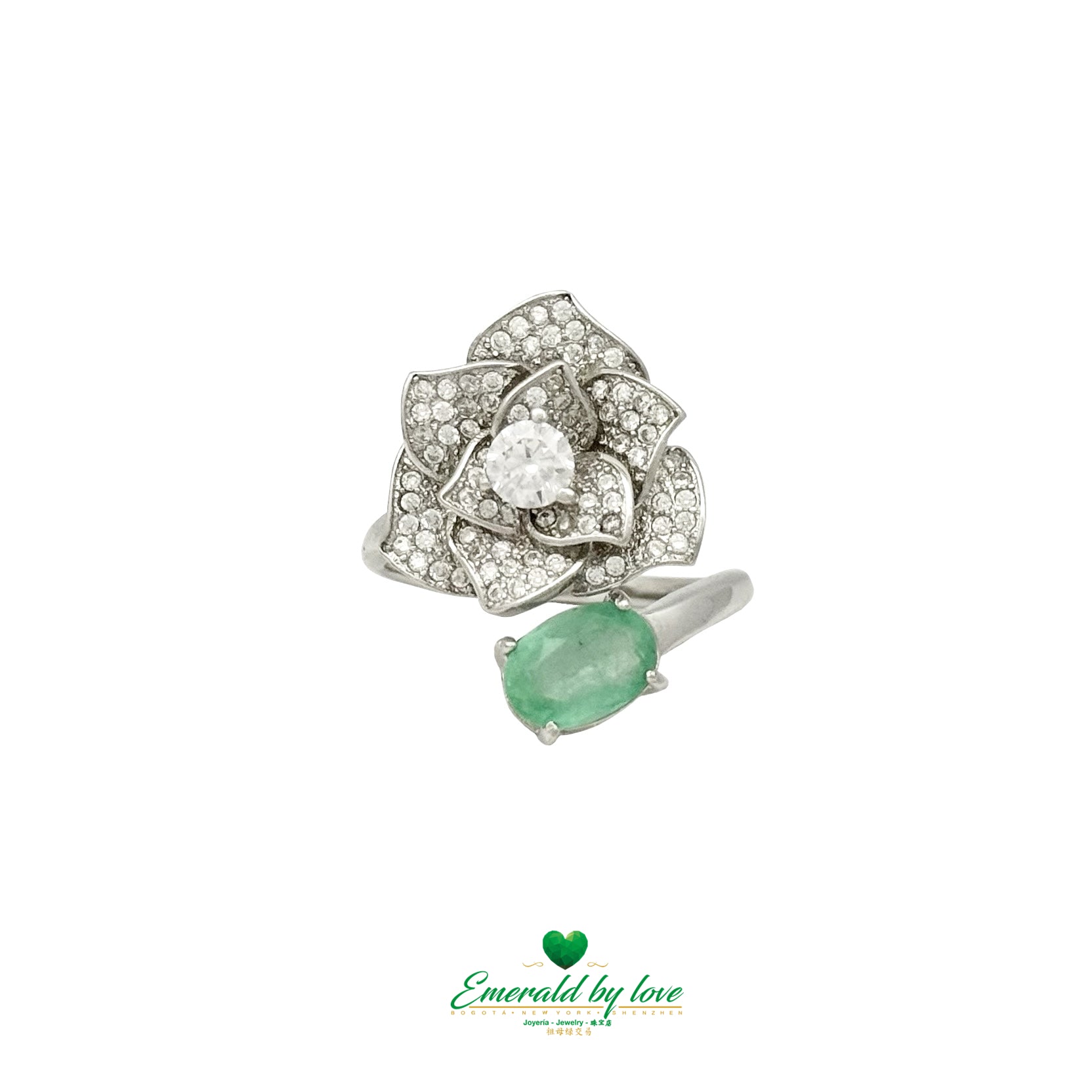 Bague en argent avec zircone orchidée et ovale d'émeraude de Colombie