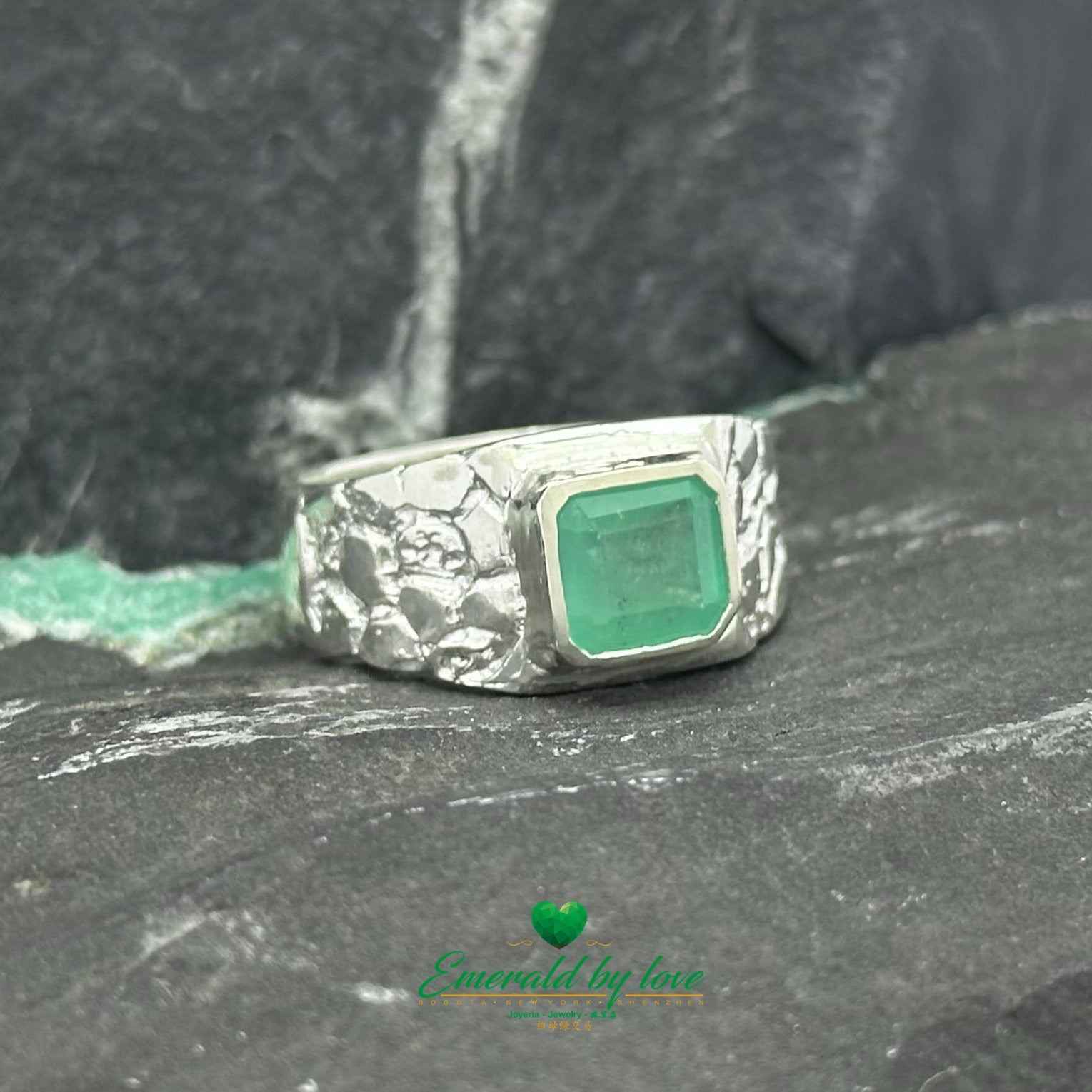 Men's Ring with Rectangular Bezel-Set Emerald