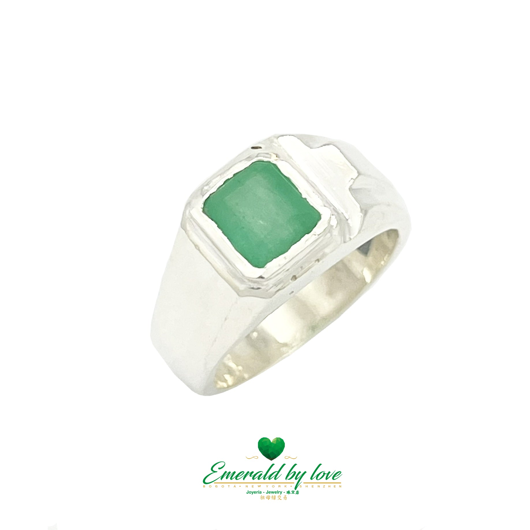 Bague en argent pour hommes avec émeraude carrée en serti clos
