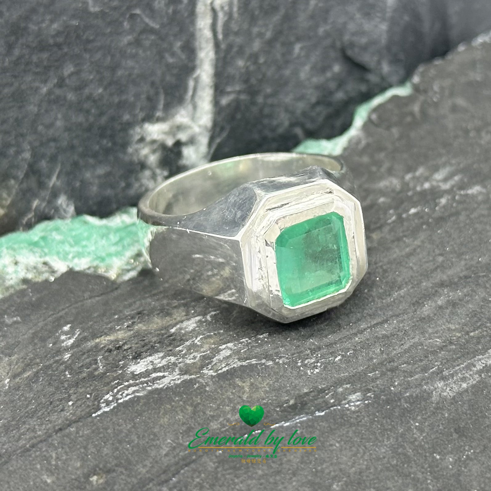 Refined Masculinity: Men's Square Emerald Bezel Set Silver Ring