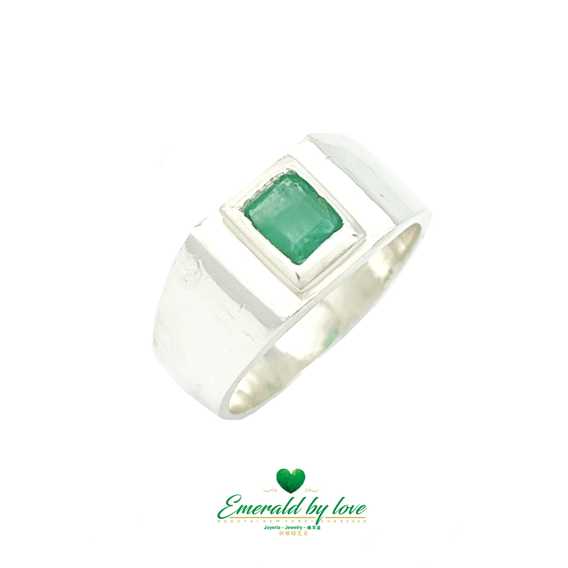 Bague pour homme en argent serti clos d'émeraude rectangulaire verticale