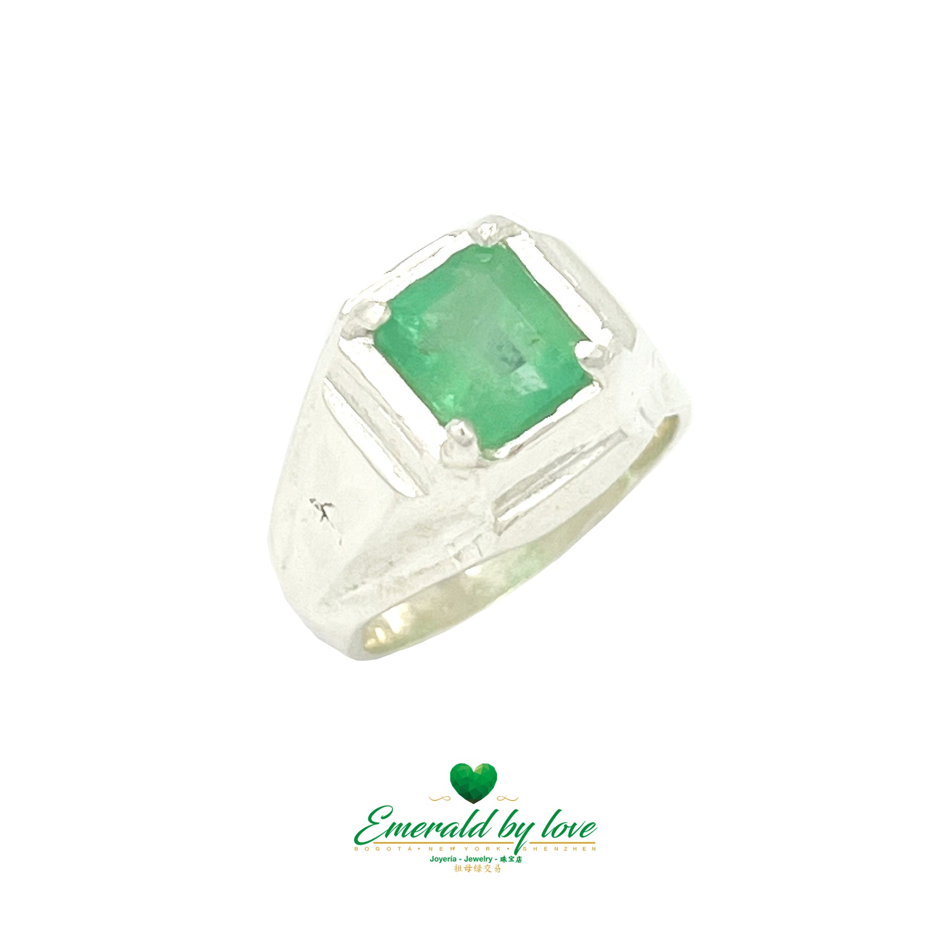 Bague pour homme émeraude carrée avec serti à quatre griffes en argent