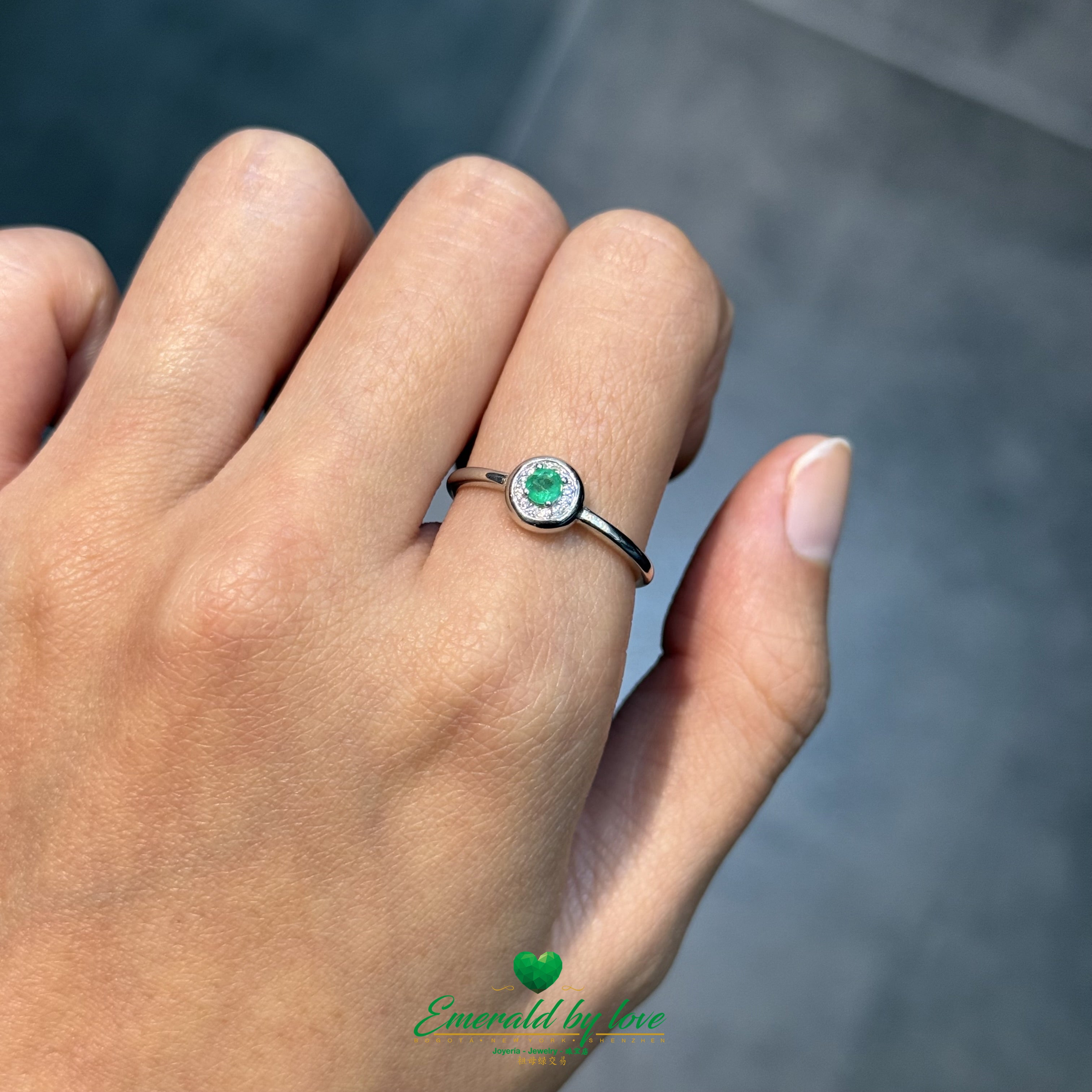 Round Marquise Halo Ring with Central Emerald & Bezel-Set Zircons