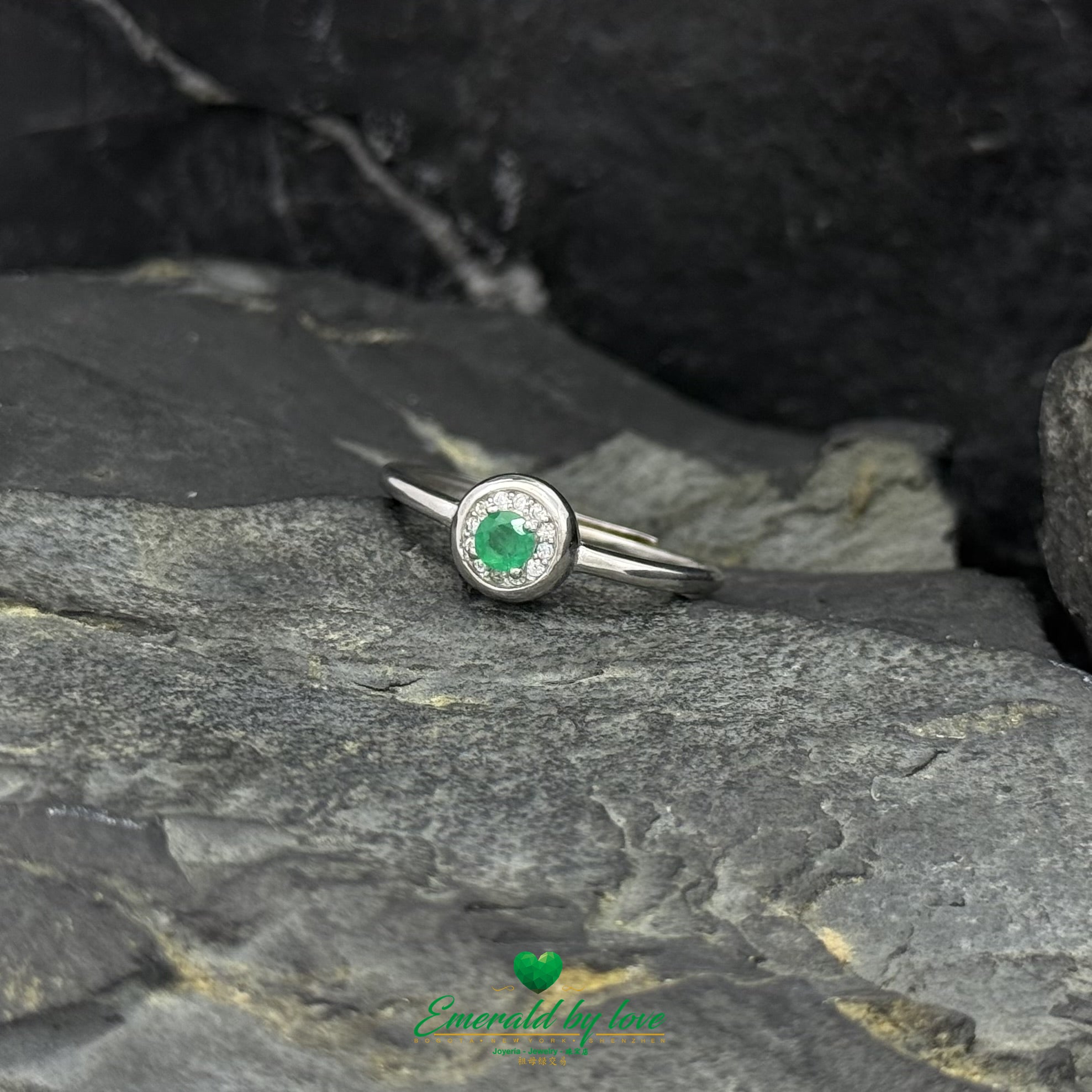 Round Marquise Halo Ring with Central Emerald & Bezel-Set Zircons