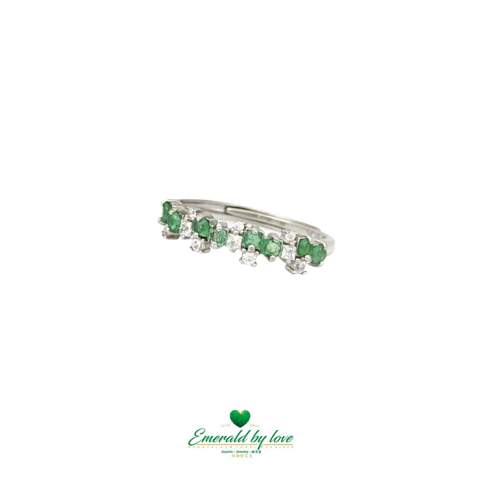 Sterling Silver Crazy Band Ring with Two Emeralds and Scattered Cubic Zirconia