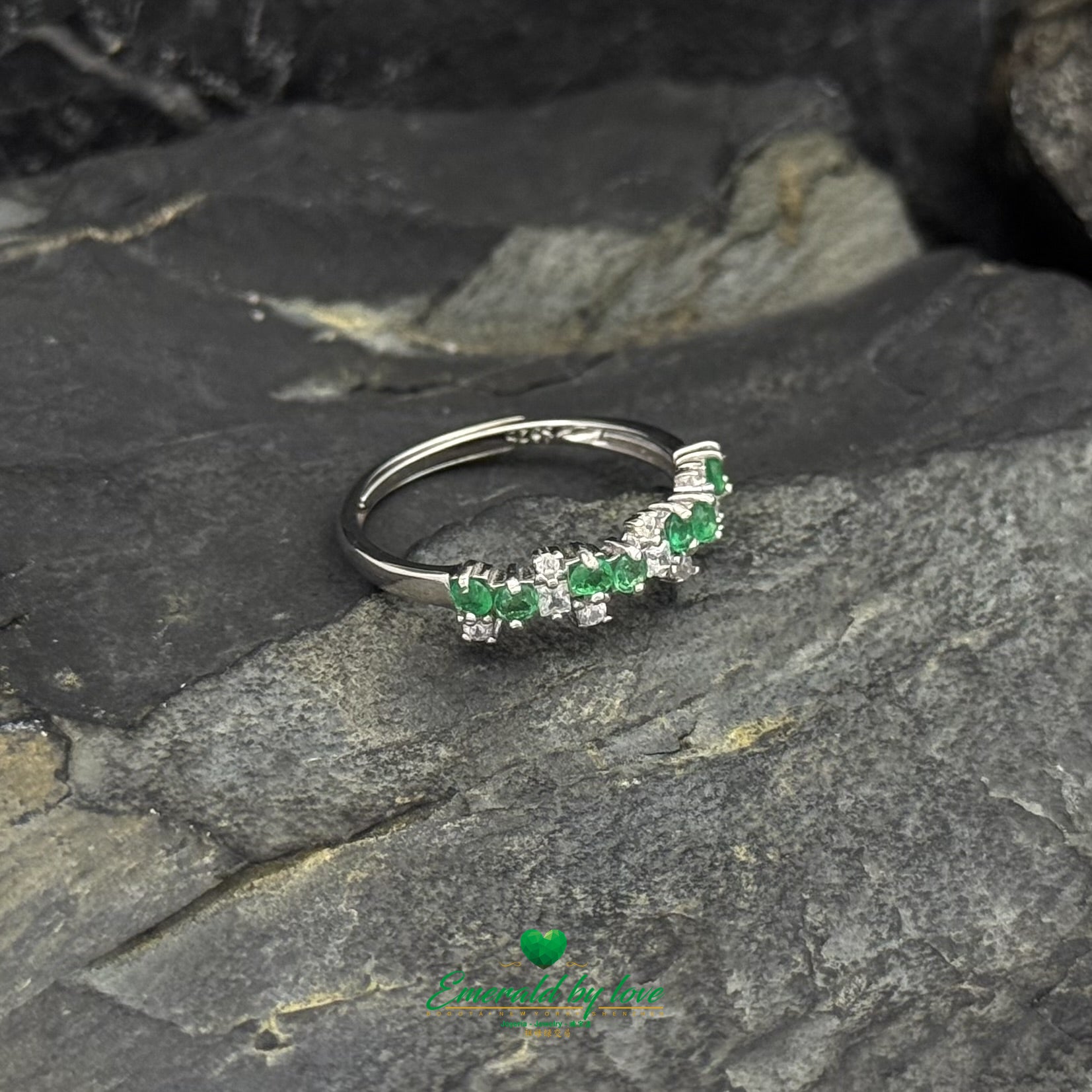 Sterling Silver Crazy Band Ring with Two Emeralds and Scattered Cubic Zirconia