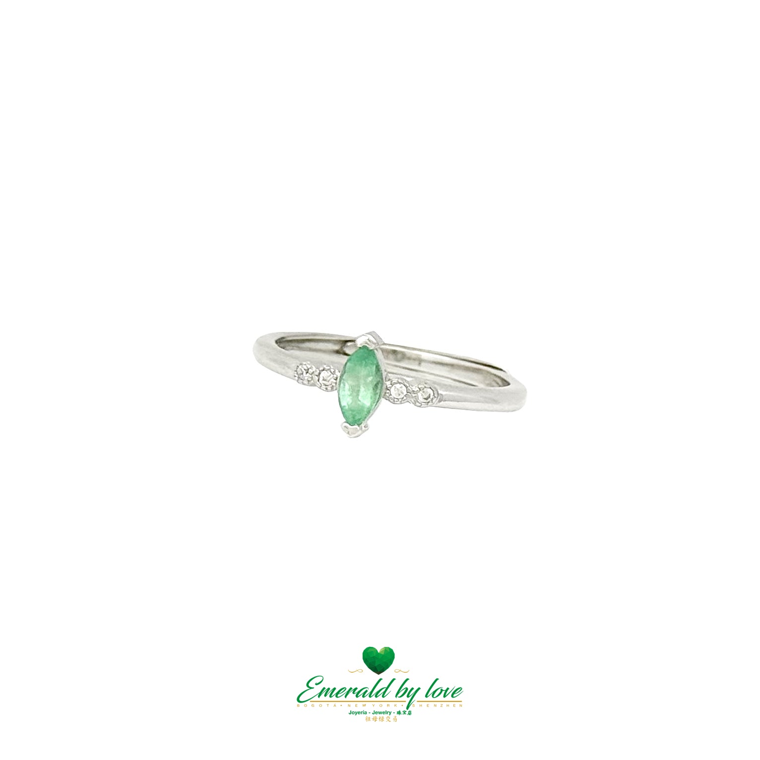 Sterling Silver Solitaire Ring with Marquise-Cut Emerald and Cubic Zirconia Band