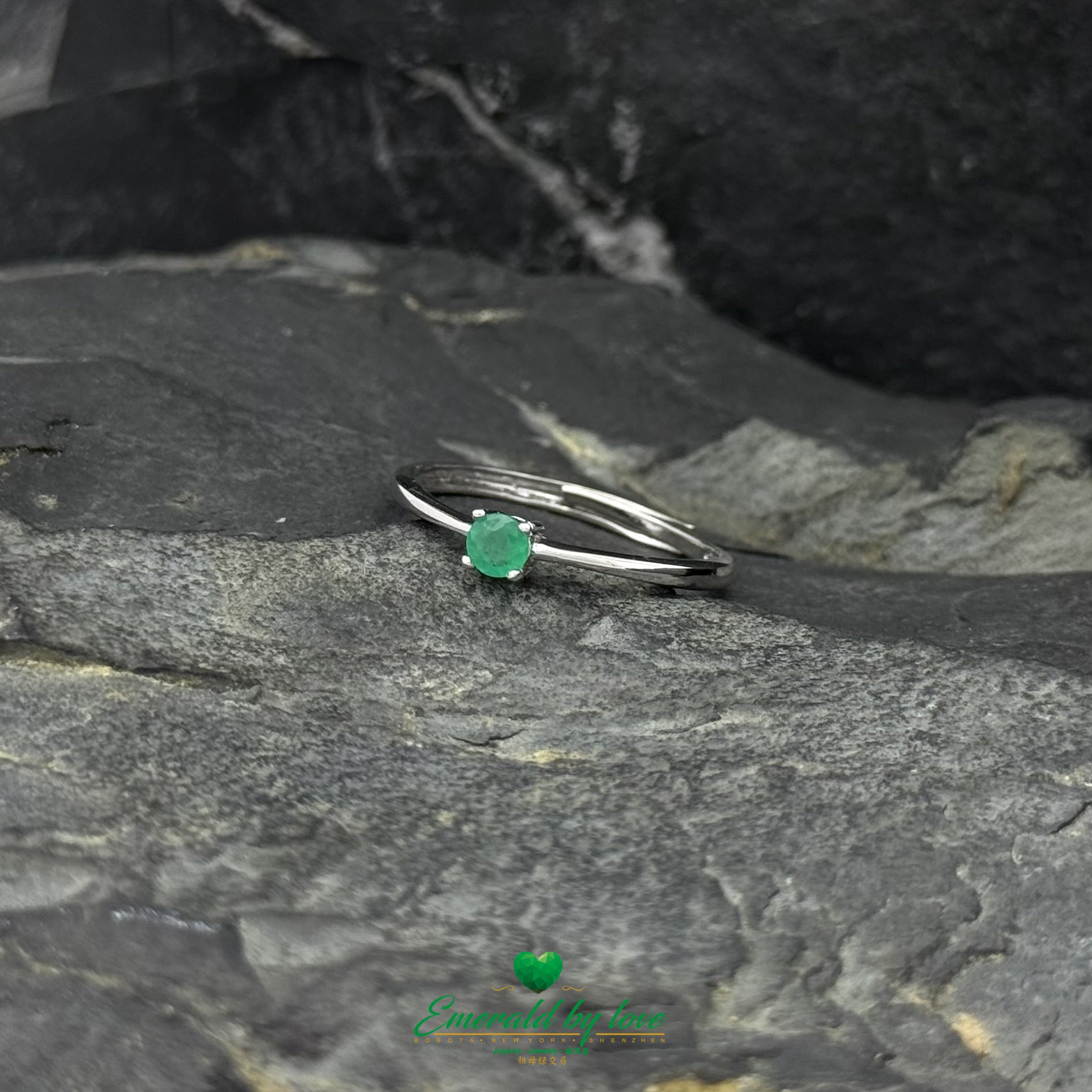 Thin Solitaire Ring with Round Colombian Emerald