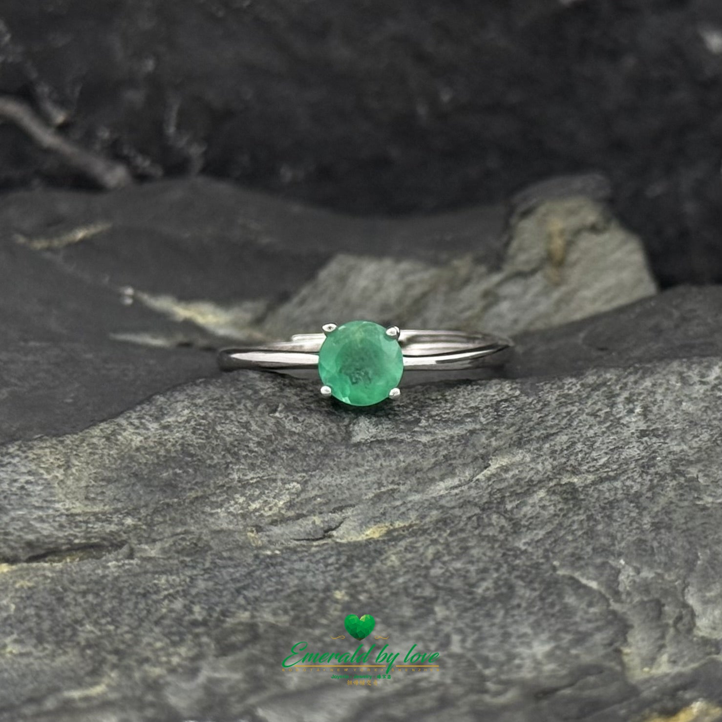 Simple Adjustable Sterling Silver Ring with Round Emerald in 4-Prong Setting