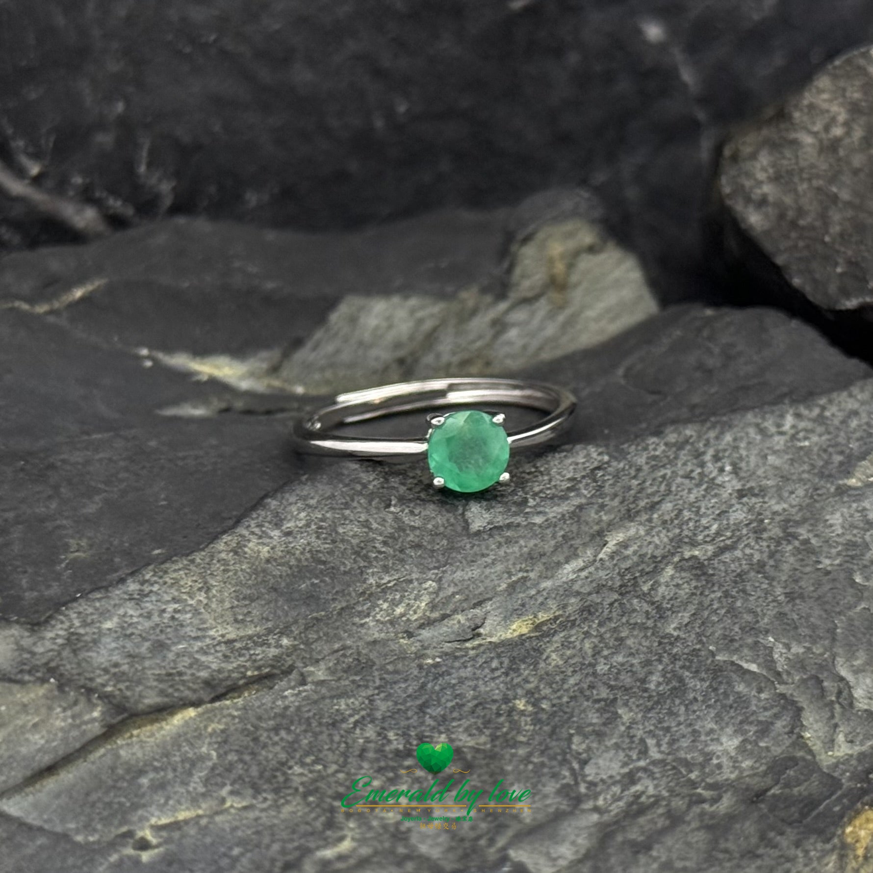 Simple Adjustable Sterling Silver Ring with Round Emerald in 4-Prong Setting