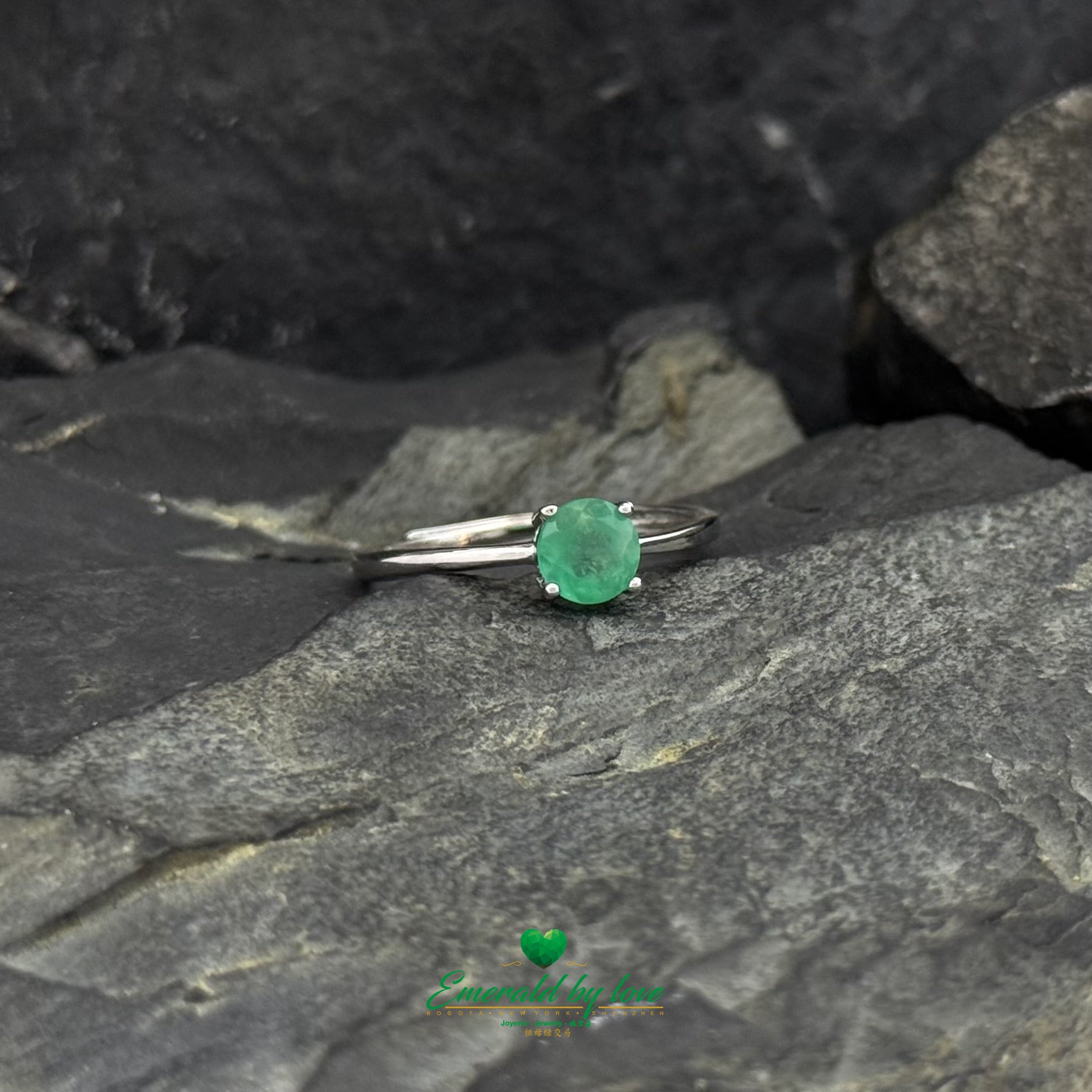 Simple Adjustable Sterling Silver Ring with Round Emerald in 4-Prong Setting