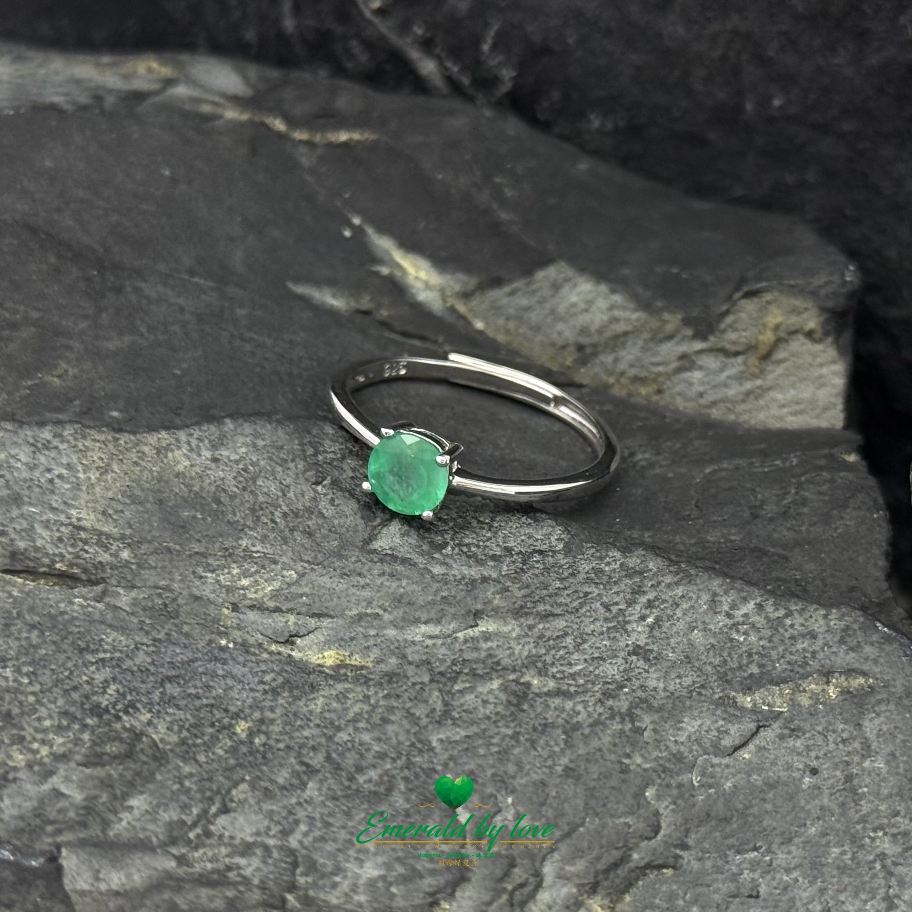 Simple Adjustable Sterling Silver Ring with Round Emerald in 4-Prong Setting