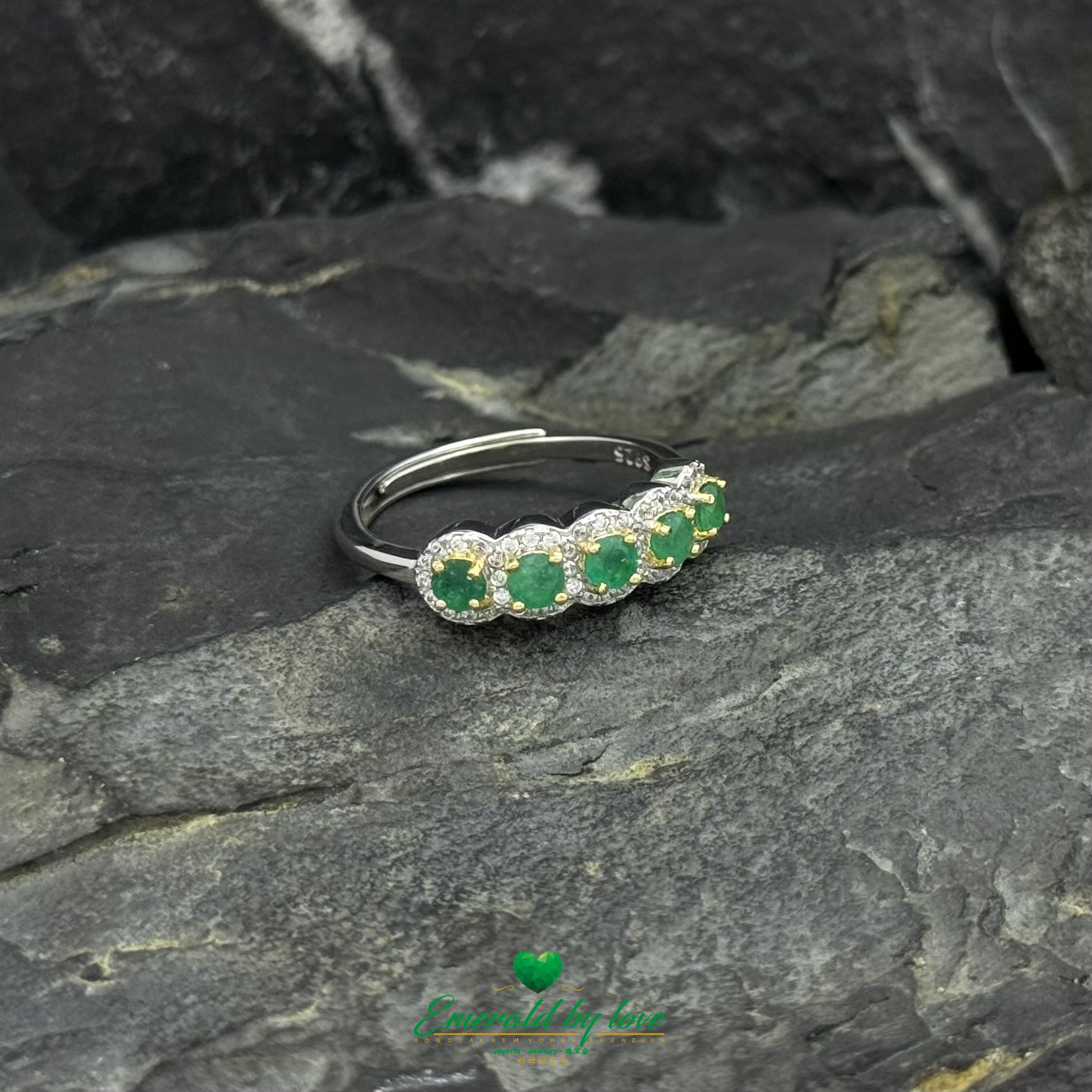 Gold Plated Prong Emerald Band with Zircon Halos