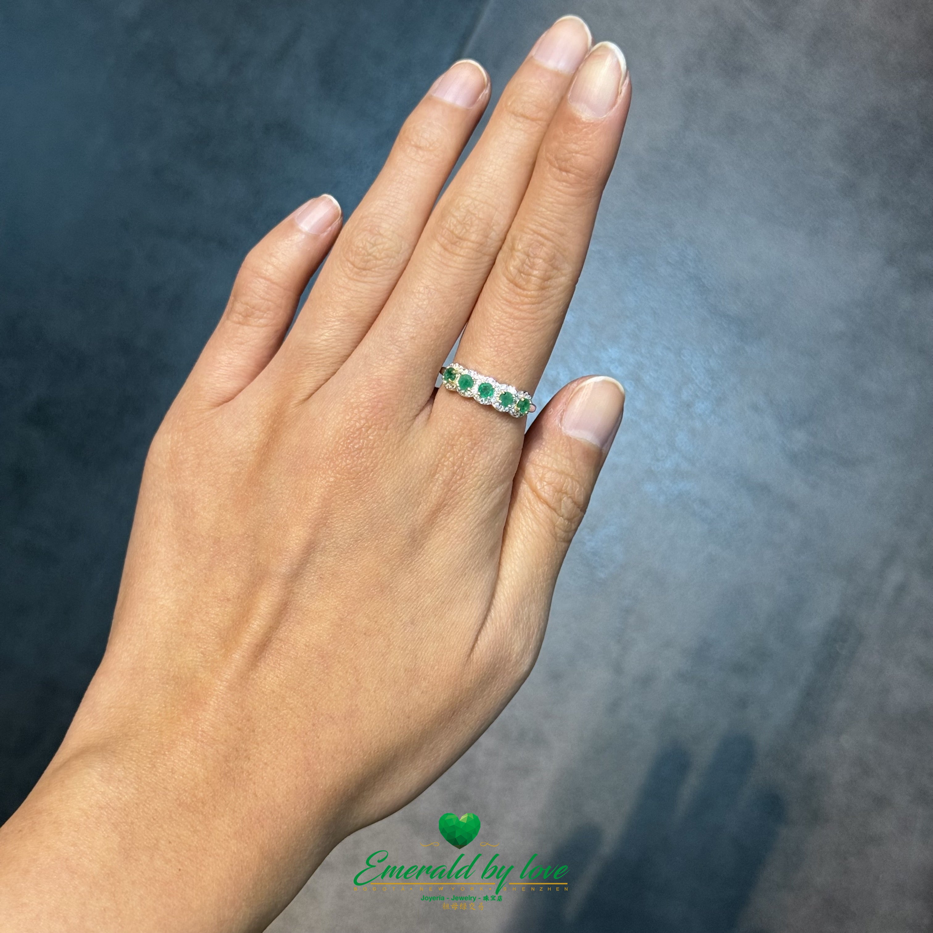 Gold Plated Prong Emerald Band with Zircon Halos