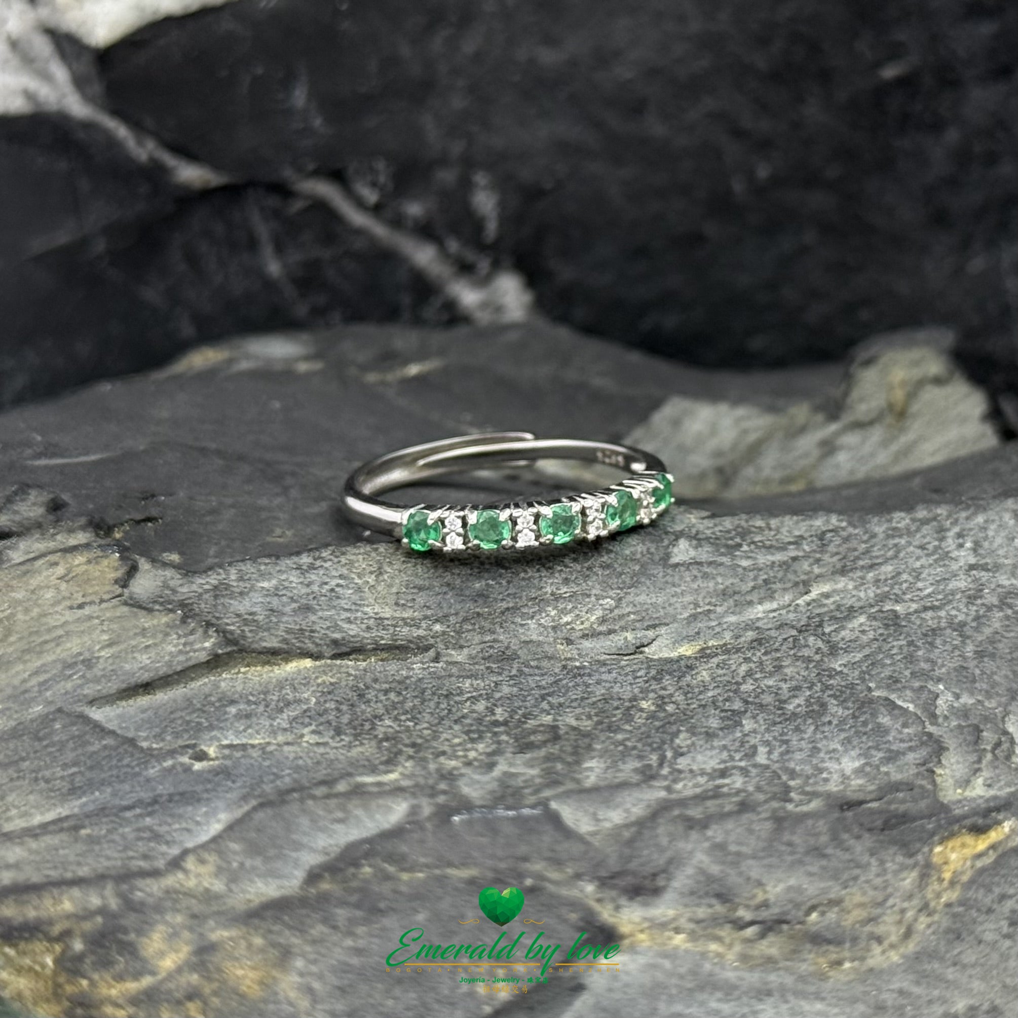 Emerald and White Zircon Alternating Band Ring