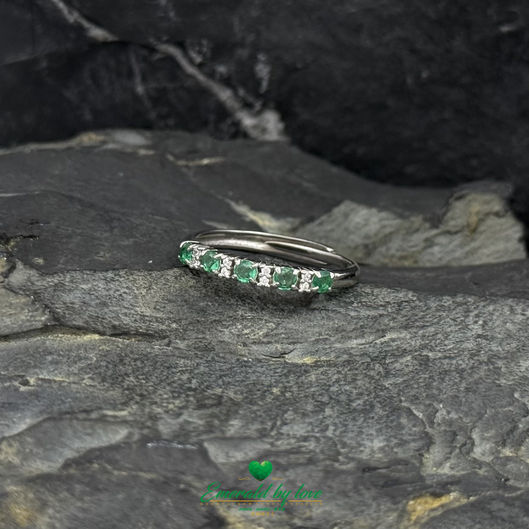 Emerald and White Zircon Alternating Band Ring