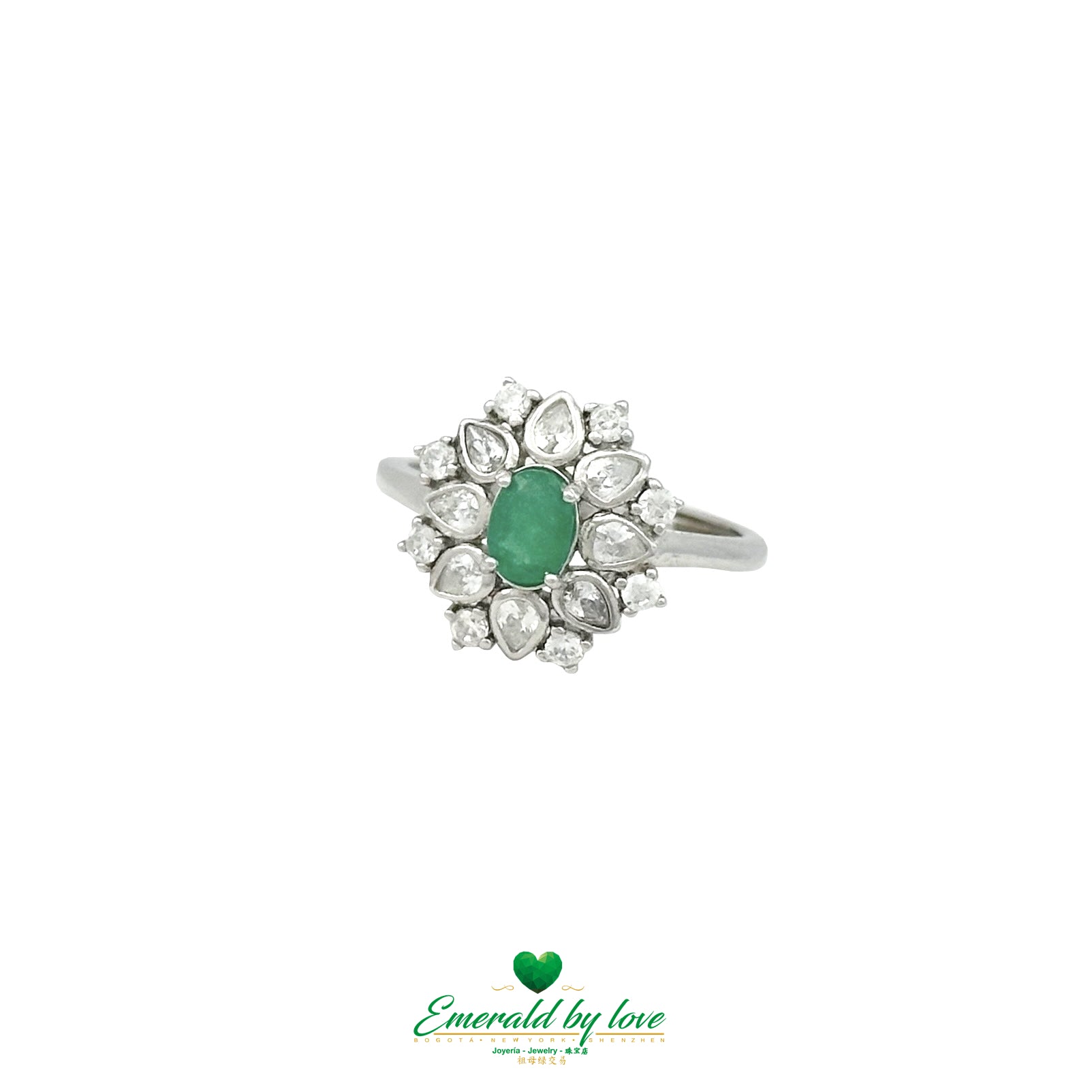 Double Petal Flower Ring with Oval Colombian Emerald & Zircon Petals