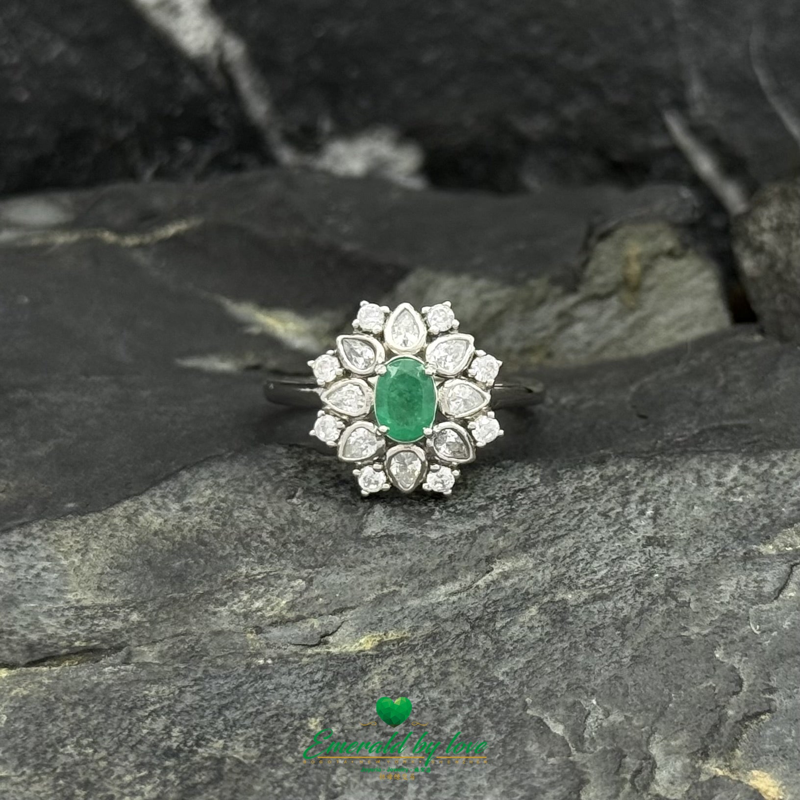 Double Petal Flower Ring with Oval Colombian Emerald & Zircon Petals