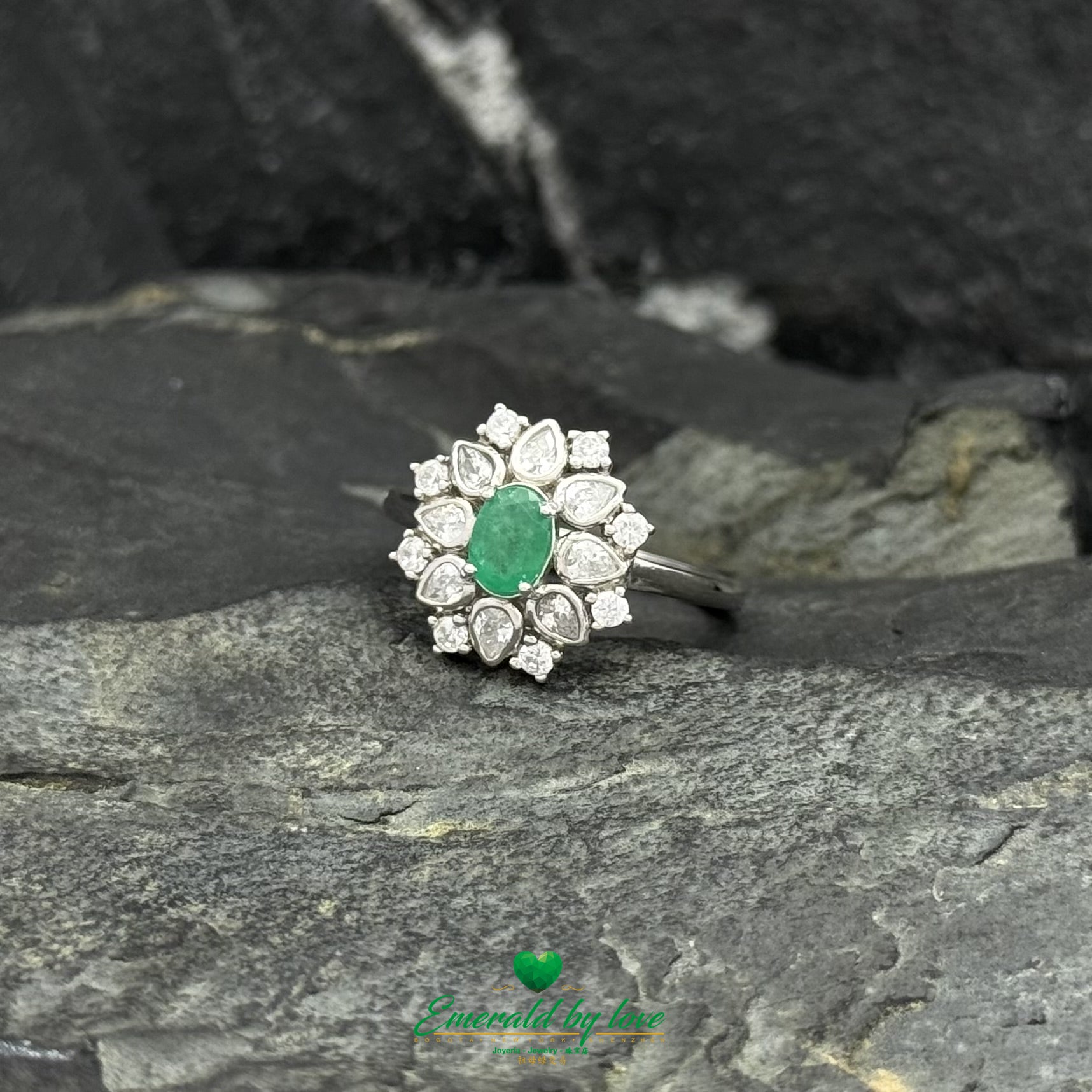 Double Petal Flower Ring with Oval Colombian Emerald & Zircon Petals