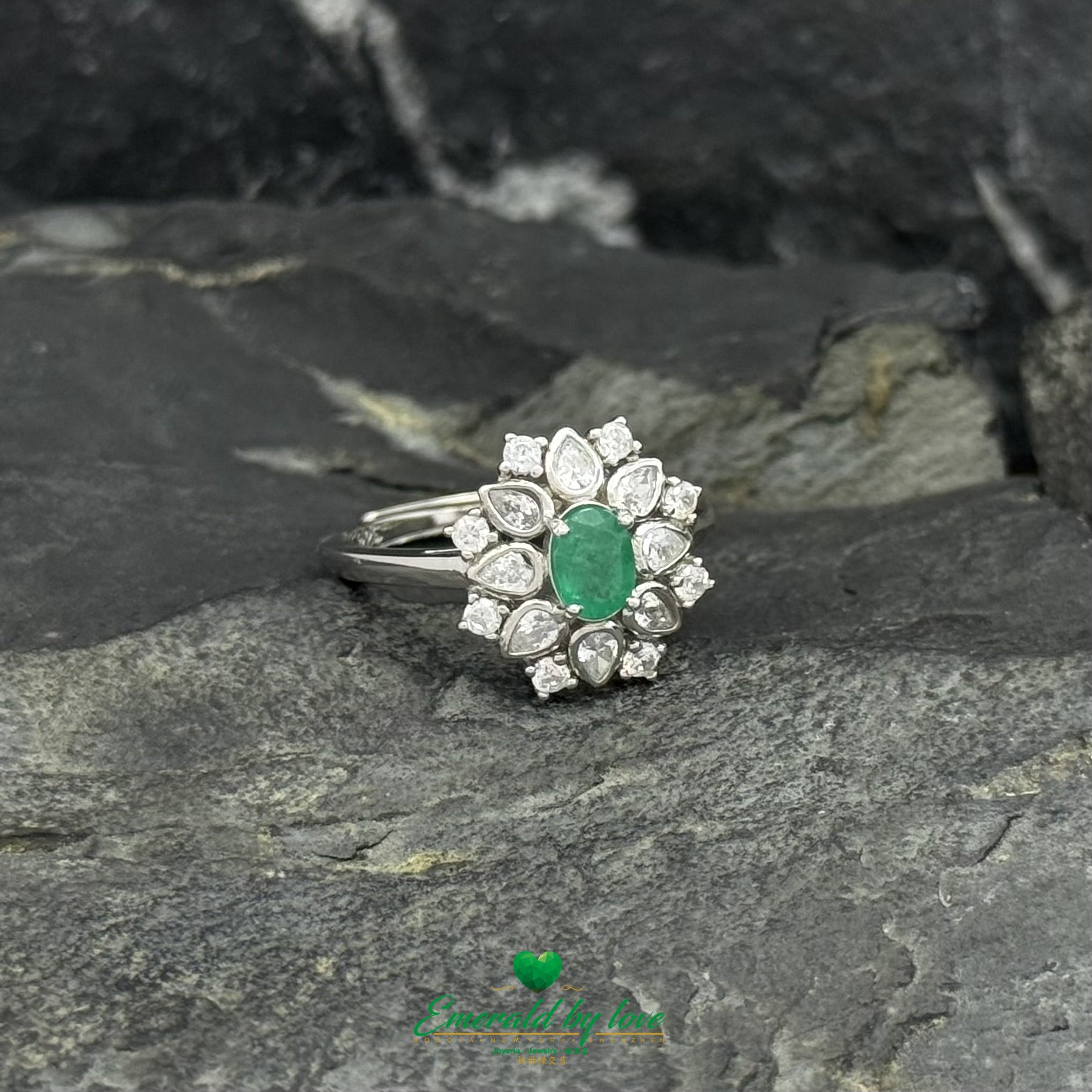 Double Petal Flower Ring with Oval Colombian Emerald & Zircon Petals