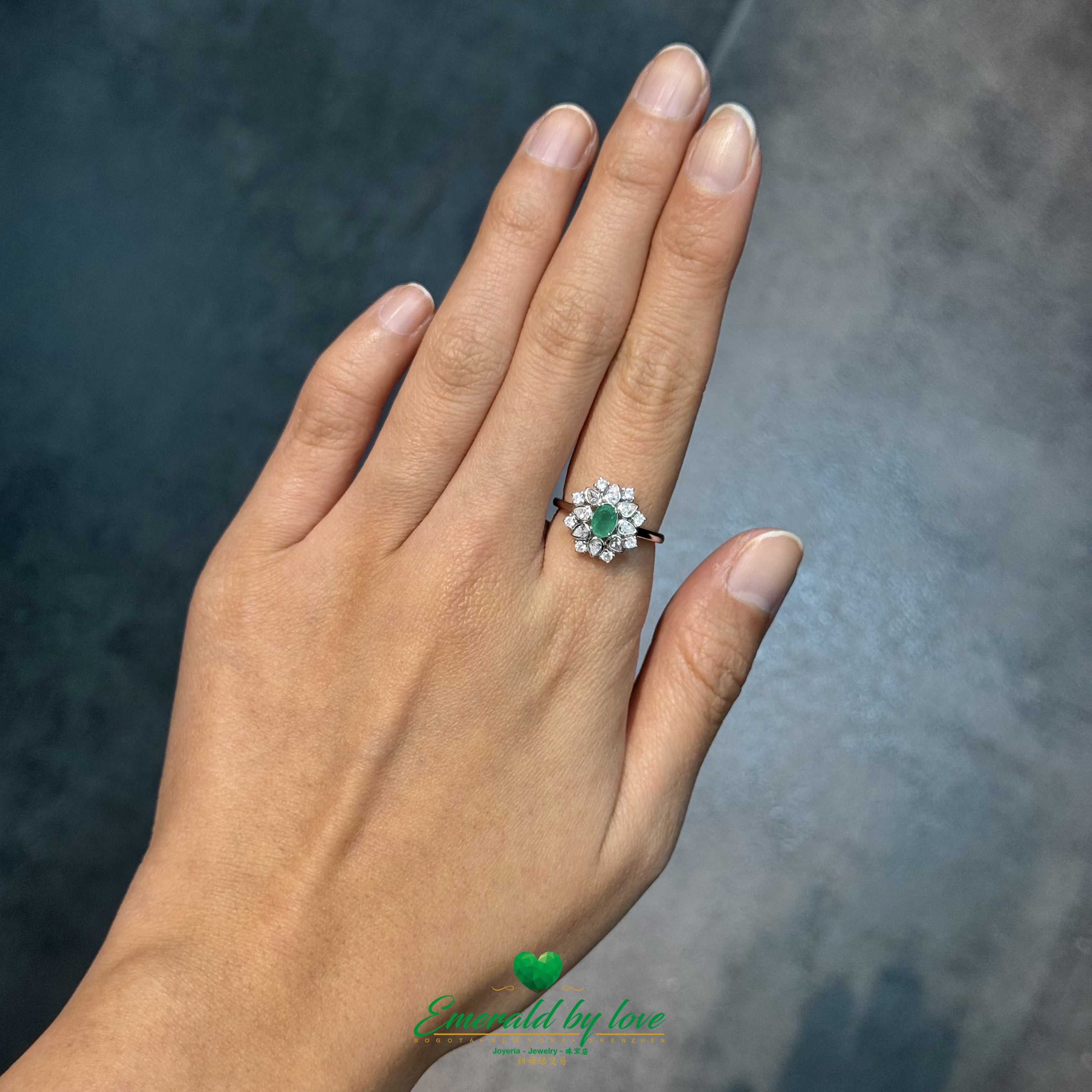 Double Petal Flower Ring with Oval Colombian Emerald & Zircon Petals