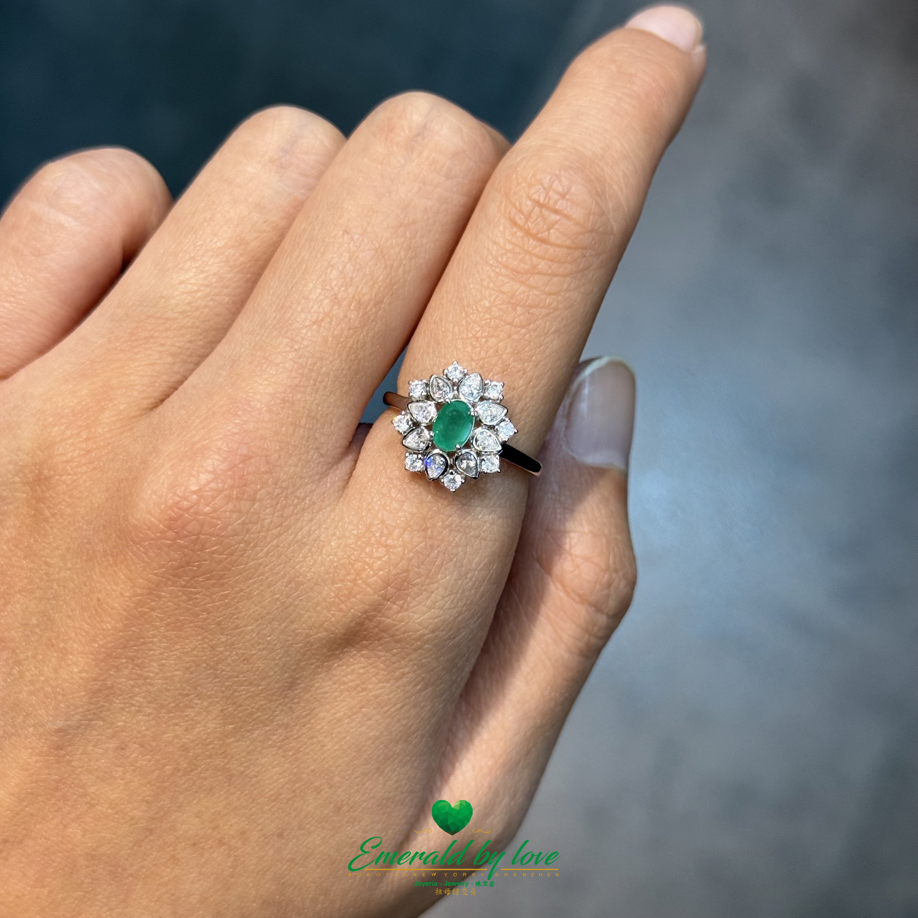 Double Petal Flower Ring with Oval Colombian Emerald & Zircon Petals