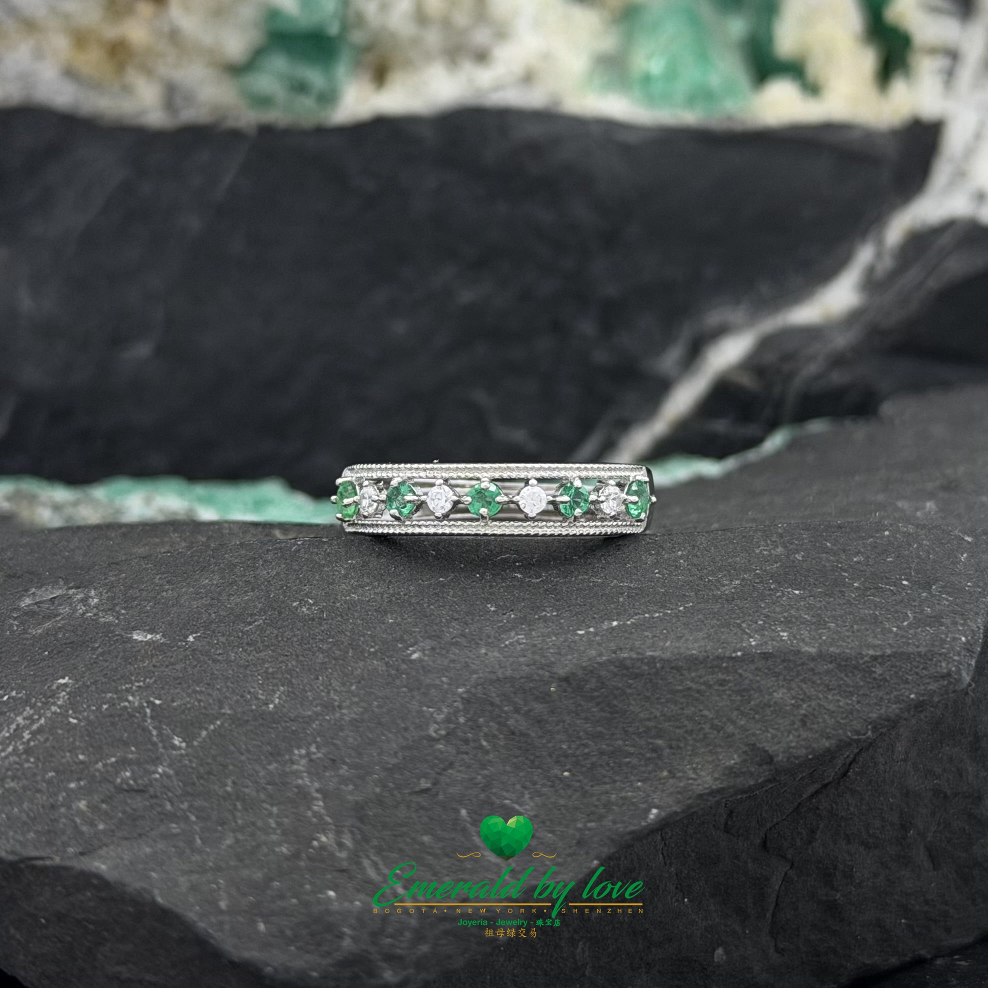 Open Band Ring with Small Round Emeralds and Zircons