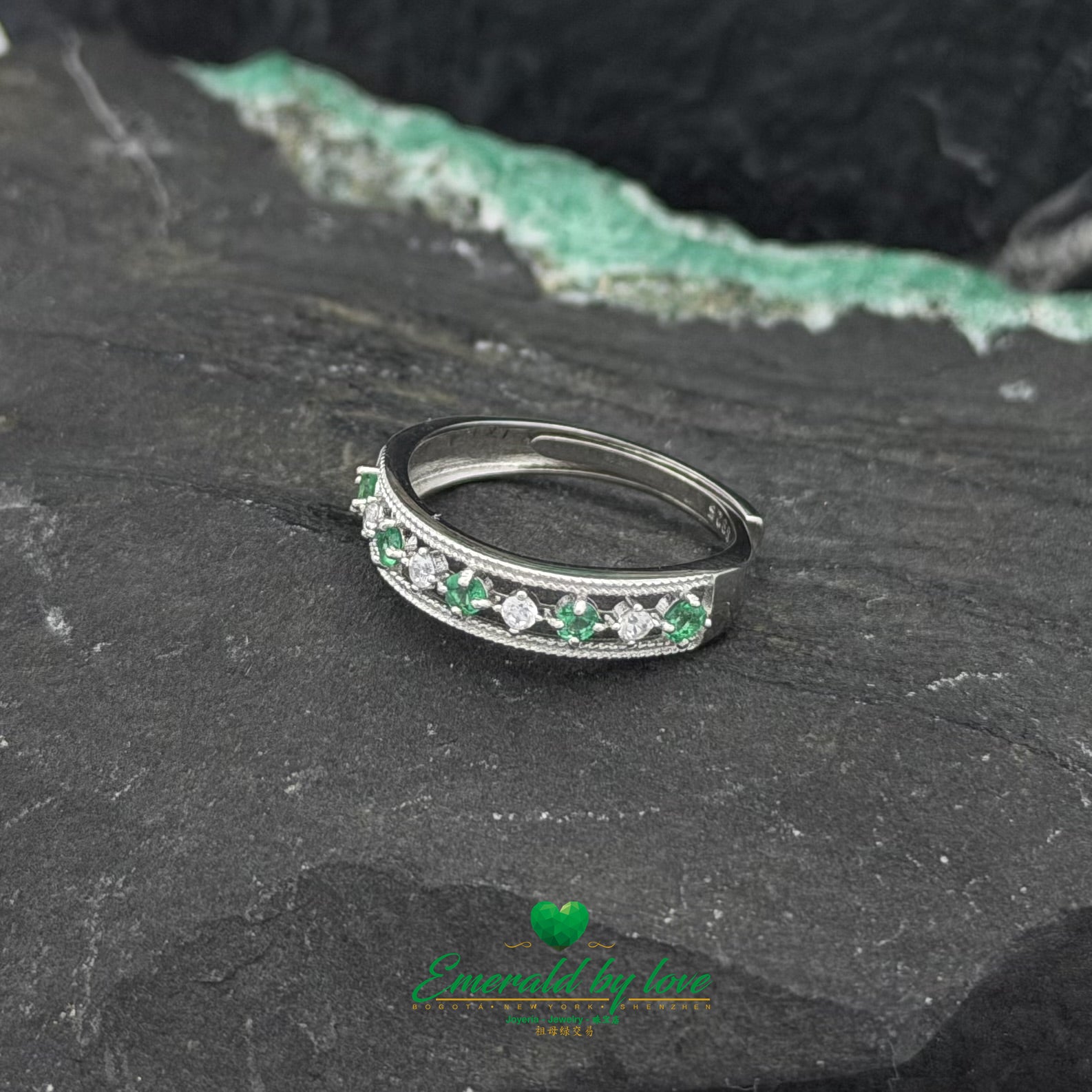 Open Band Ring with Small Round Emeralds and Zircons