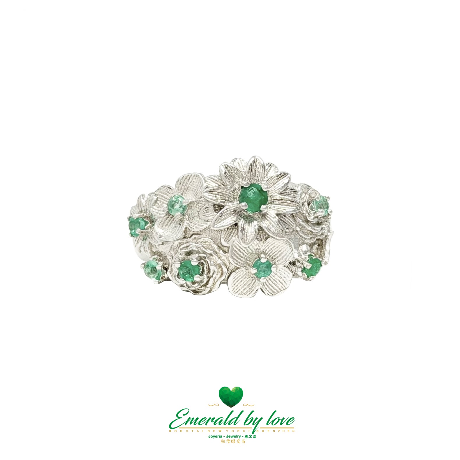 Thick Band Floral Ring in Sterling Silver with Small Round Emeralds