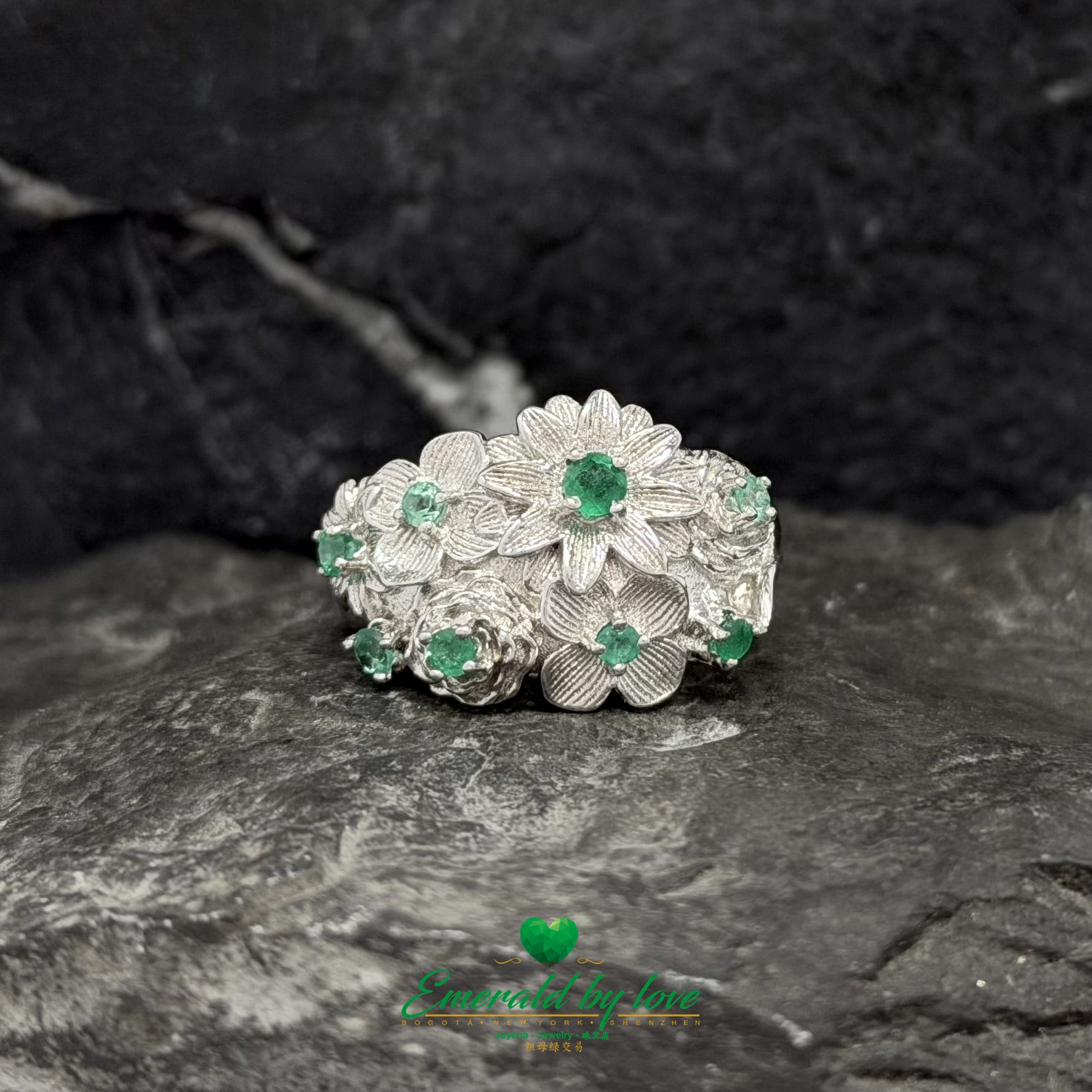 Thick Band Floral Ring in Sterling Silver with Small Round Emeralds