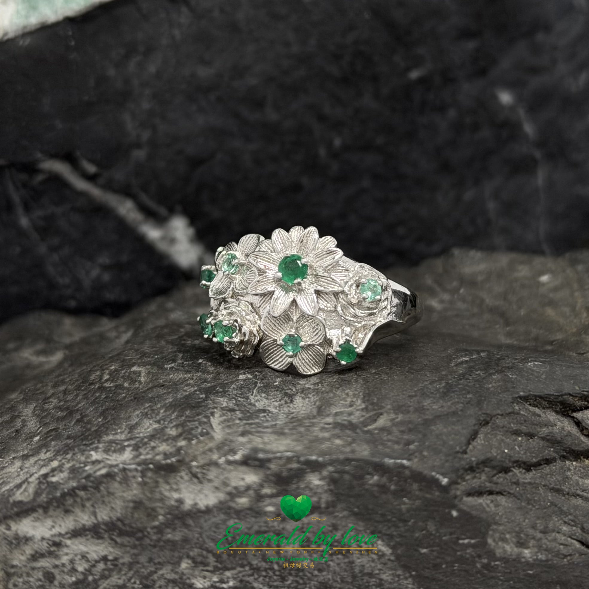 Thick Band Floral Ring in Sterling Silver with Small Round Emeralds
