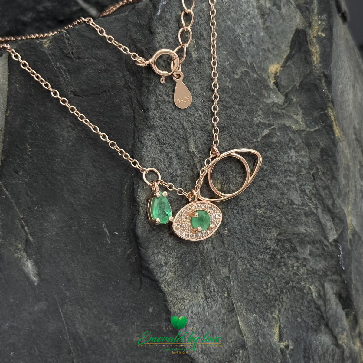 Rose Gold-Plated Silver Pendant with Three Charms, Teardrop Emerald and Zircon Eye