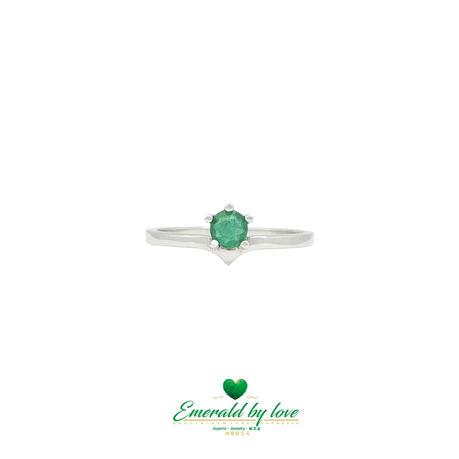 Round Colombian Emerald V-Shaped Ring in White Gold